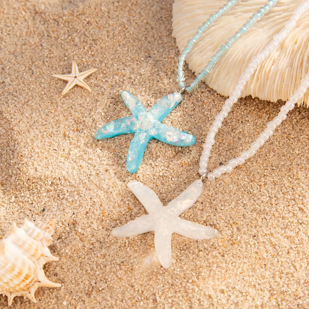 Douxsu 2Pcs Layered Boho White Blue Starfish Necklace for Women, Delicate Sea Star Pendant Hawaiian Small Beaded Chain Necklace Y2k Beach Ocean Beachy Jewelry (White-Blue)