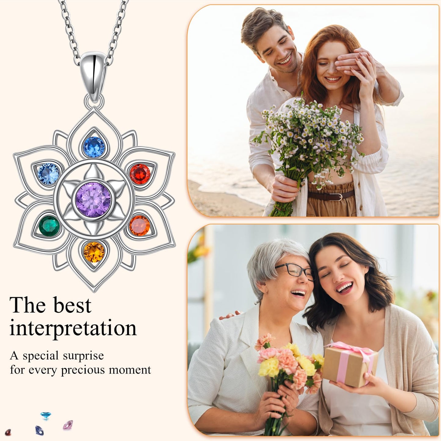 FLYOW 925 Sterling Silver 7 Chakras Lotus Necklace, Rainbow Stones Yoga Pendant for Energy Balance, Spiritual Healing Jewelry for Anxiety Stress Relief Meditation