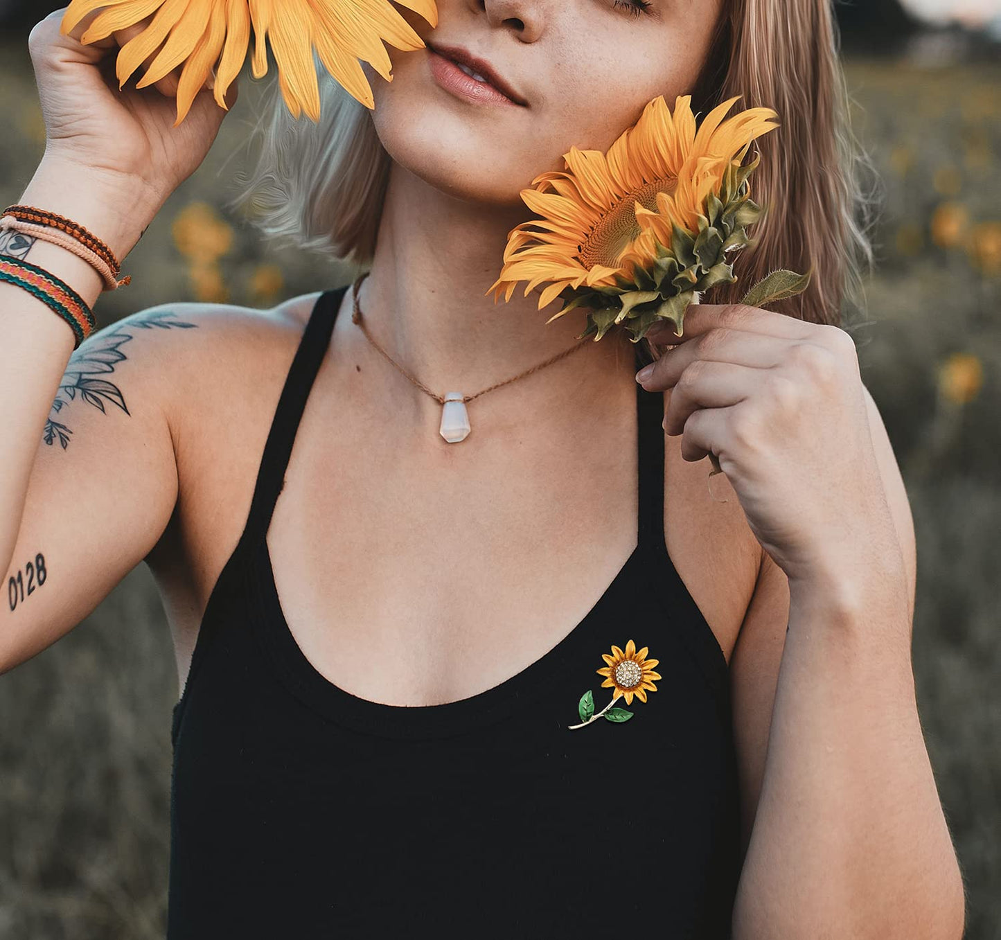 YOOE Yellow Flower Rhinestone Sunflower Brooch. Enamel Crystal Plant Brooch Pin, Charm Sun Flower Coat Brooch for Women (Style A)