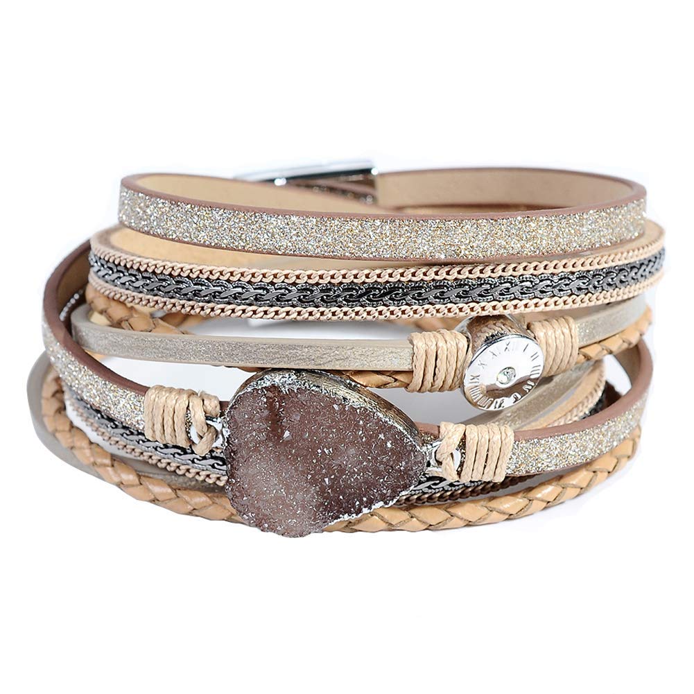 Artilady Leather Wrap Bracelet for Women - Handmade Clasp Bangle Bracelet with Pearl Beads Crystal Wristbands Jewelry Gift for Ladies and Mother