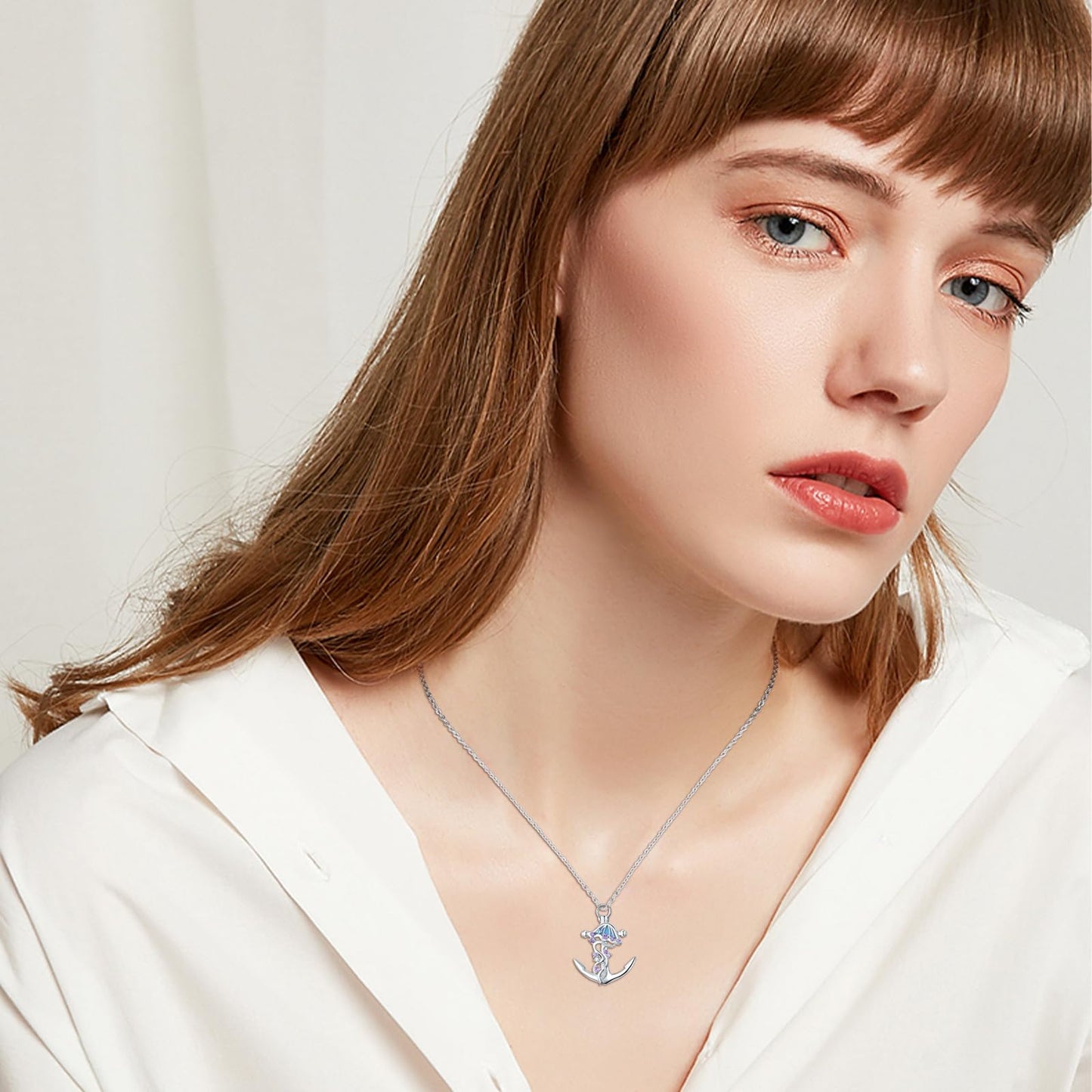 KoyeKei Jellyfish Necklace for Women 925 Sterling Silver Anchor Necklaces Jellyfish Nautical Pendant with Blue Opal Jewelry Christmas Graduation Gifts for Lover Her Mom Girlfriend