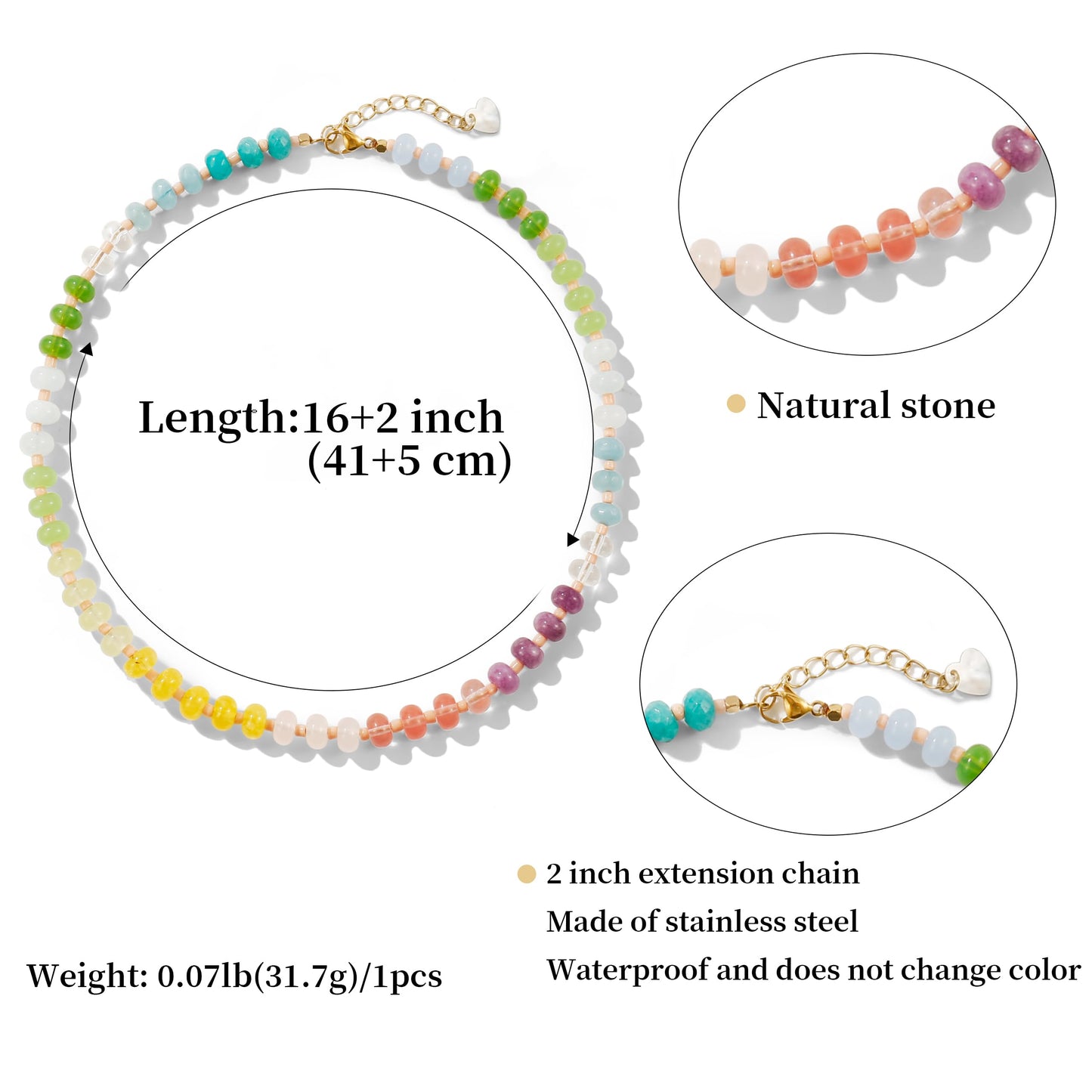 Gemstone Beaded Necklace for Women Colorful Natural Stone Freshwater Pearl Surfer Beach Rainbow Necklace Jewelry Gift