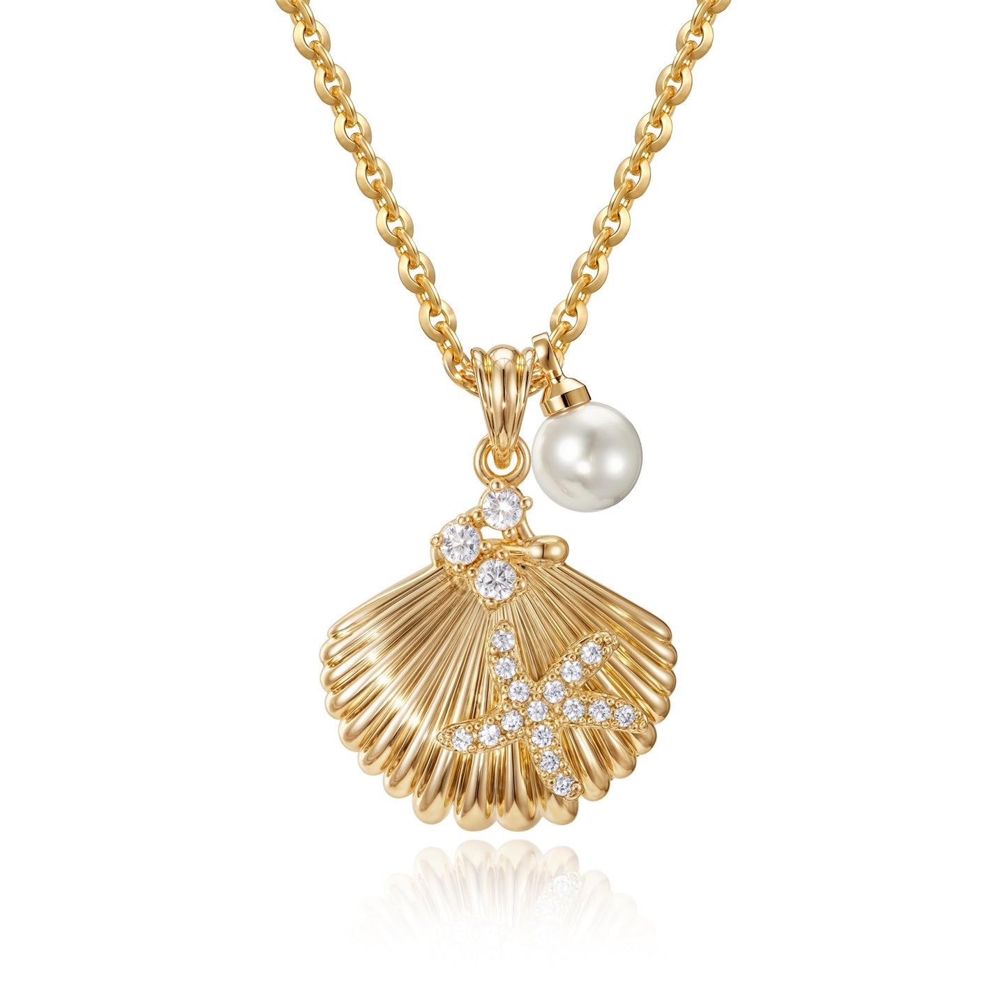 MTMY Gold Starfish Necklace 14K Gold Plated Shell Conch Ocean Pendant Necklace for Women Beach Summer Jewelry (pearl seashell)