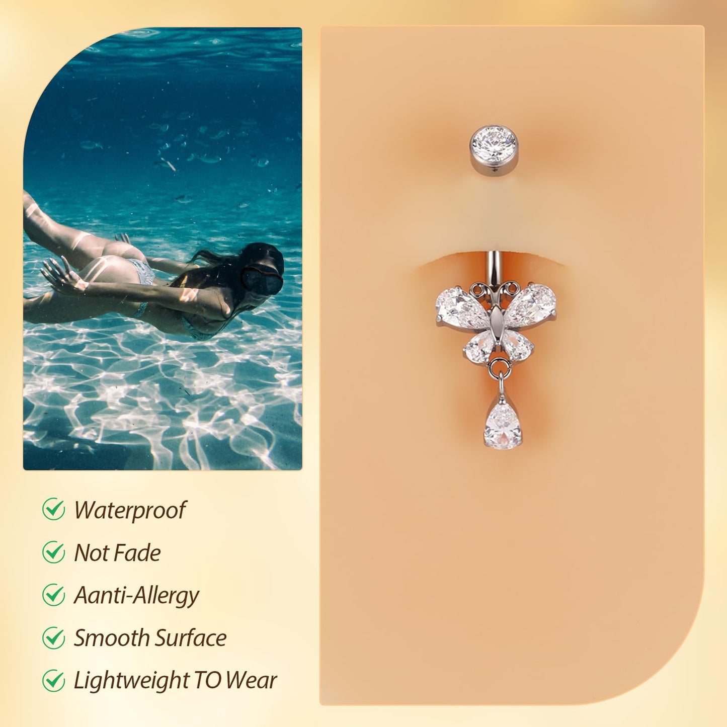 14G Dangle Belly Piercing Internally Threaded Navel Ring Silver Belly Button Ring 10mm for Women Titanium Curved Barbell with Butterfly CZ Navel Belly Bars