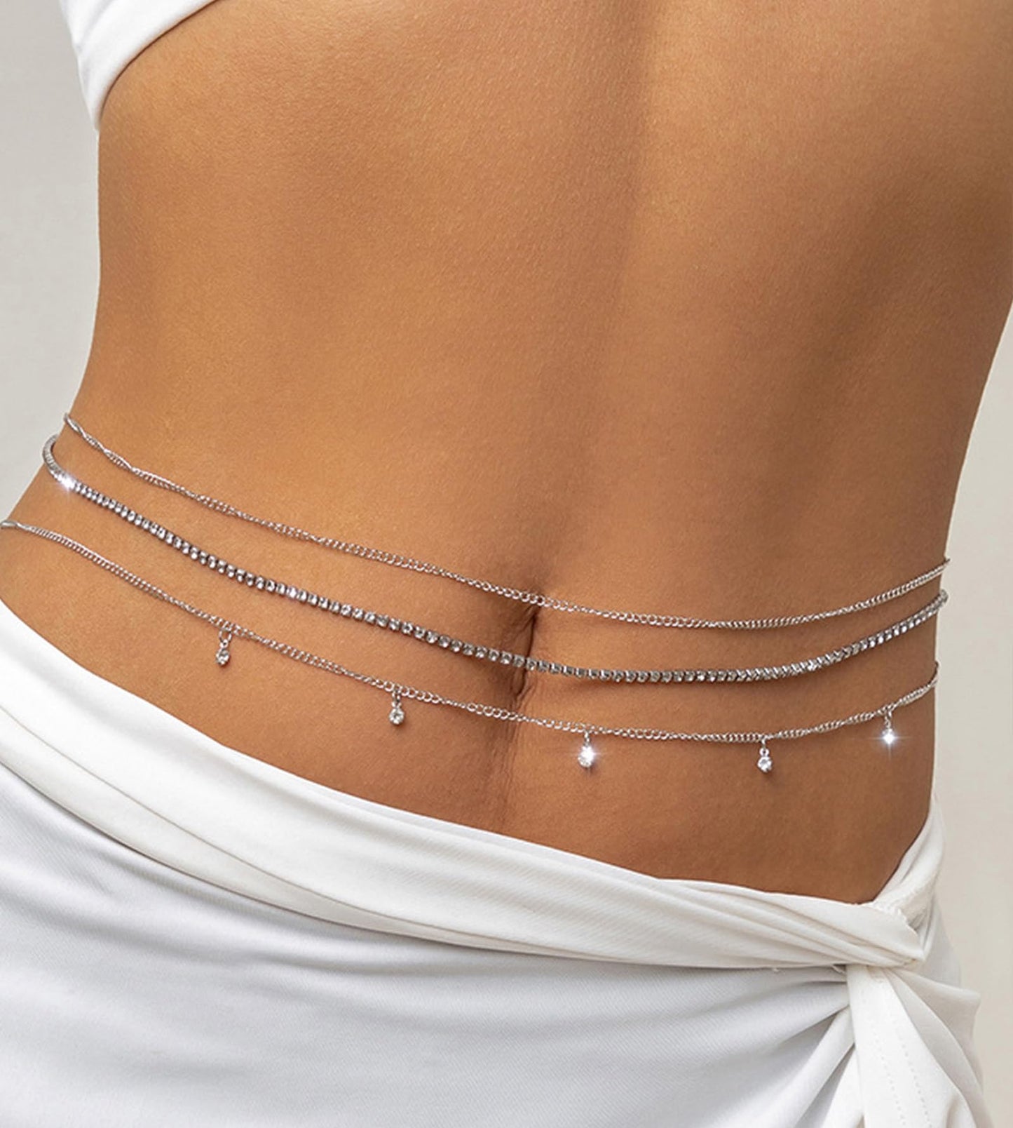 MODRSA 3pcs Silver Belly Chain Waist Chain for Women: Rhinestone Waist Jewelry, Multi Layered Stomach Chain, Silver Body Chain