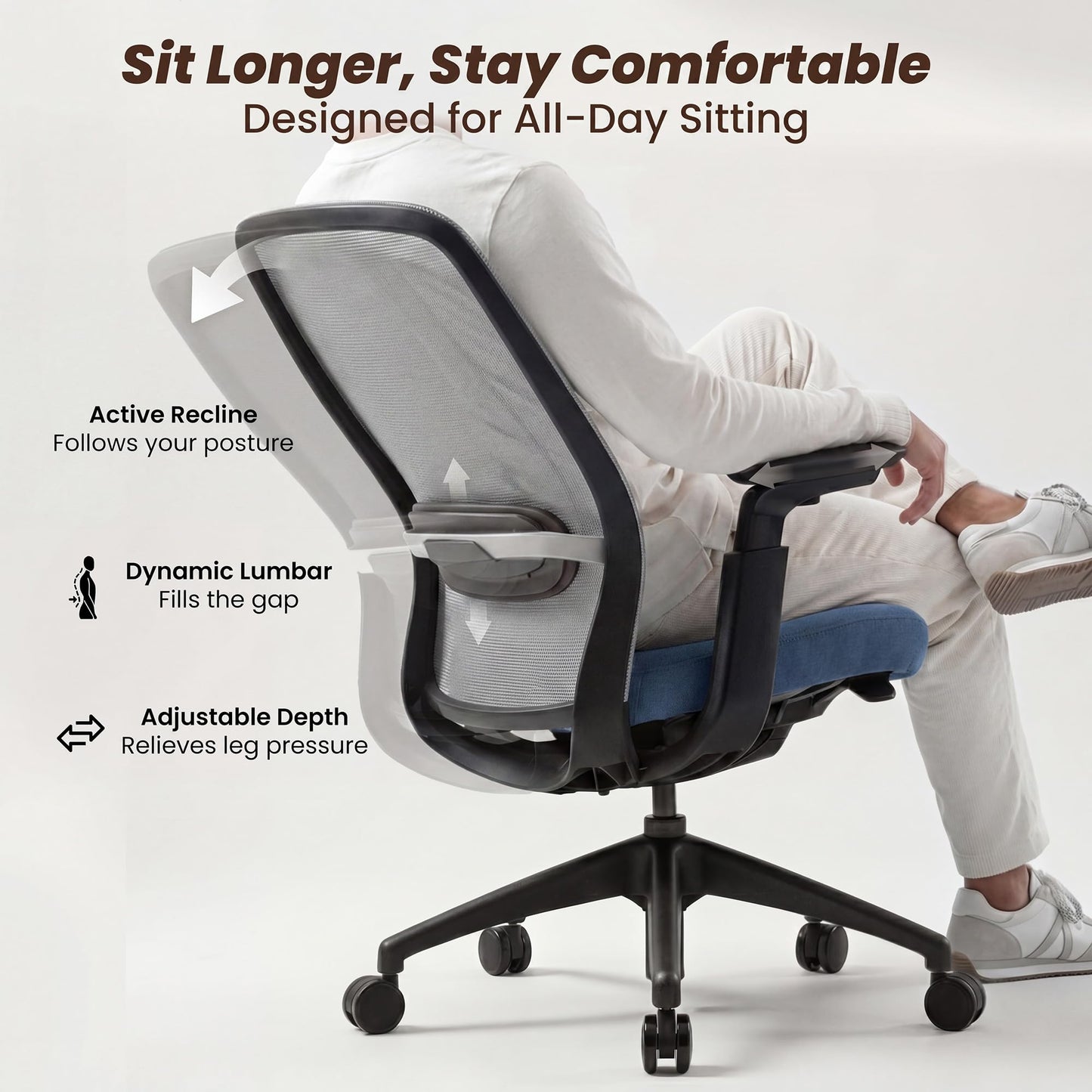 COLAMY Aether Executive Office Chair for Long Hours, One-Touch Easy Adjust Managerial Desk Chair with Levitating Seat Cushion & Pilot-Level Sync Armrests, 300 LBS Mid Back Mesh Computer Chair,Blue