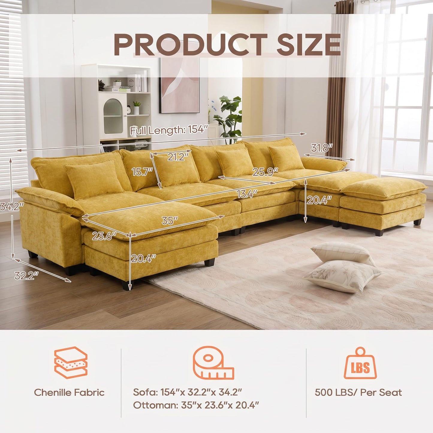 IPKIG 154" Modular Sectional Sofa, Chenille C-Shaped Sectional Couch Comfy Upholstered Seat Sofa with Ottoman, Deep Seat Cloud Couch Sofa for Living Room, Yellow