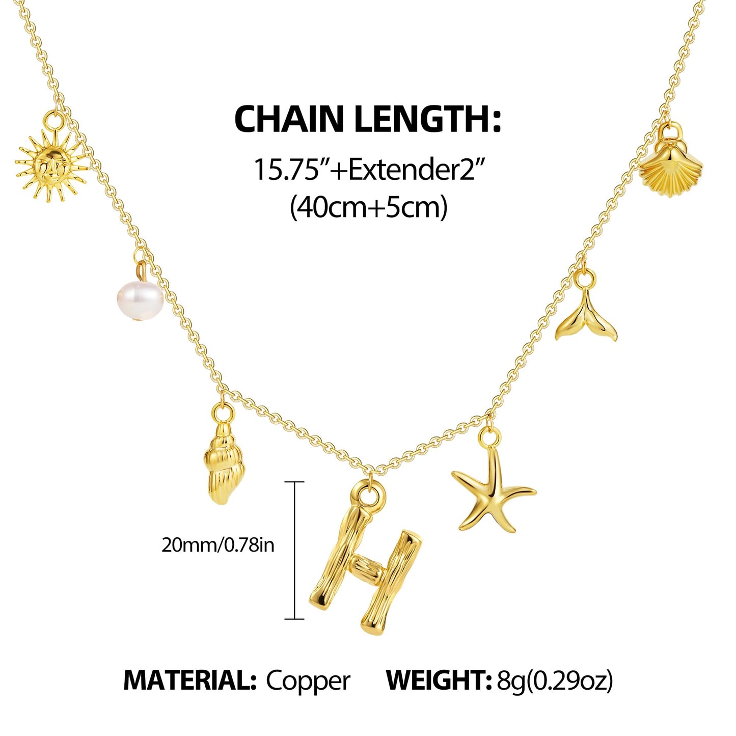 SLOONG Initial Charm Necklace 14K Gold Plated Letter Neckalce Freshwater Pearl Necklace Choker Boho Summer Seashell Beach Starfish Surfer Jewelry Gifts for Women H