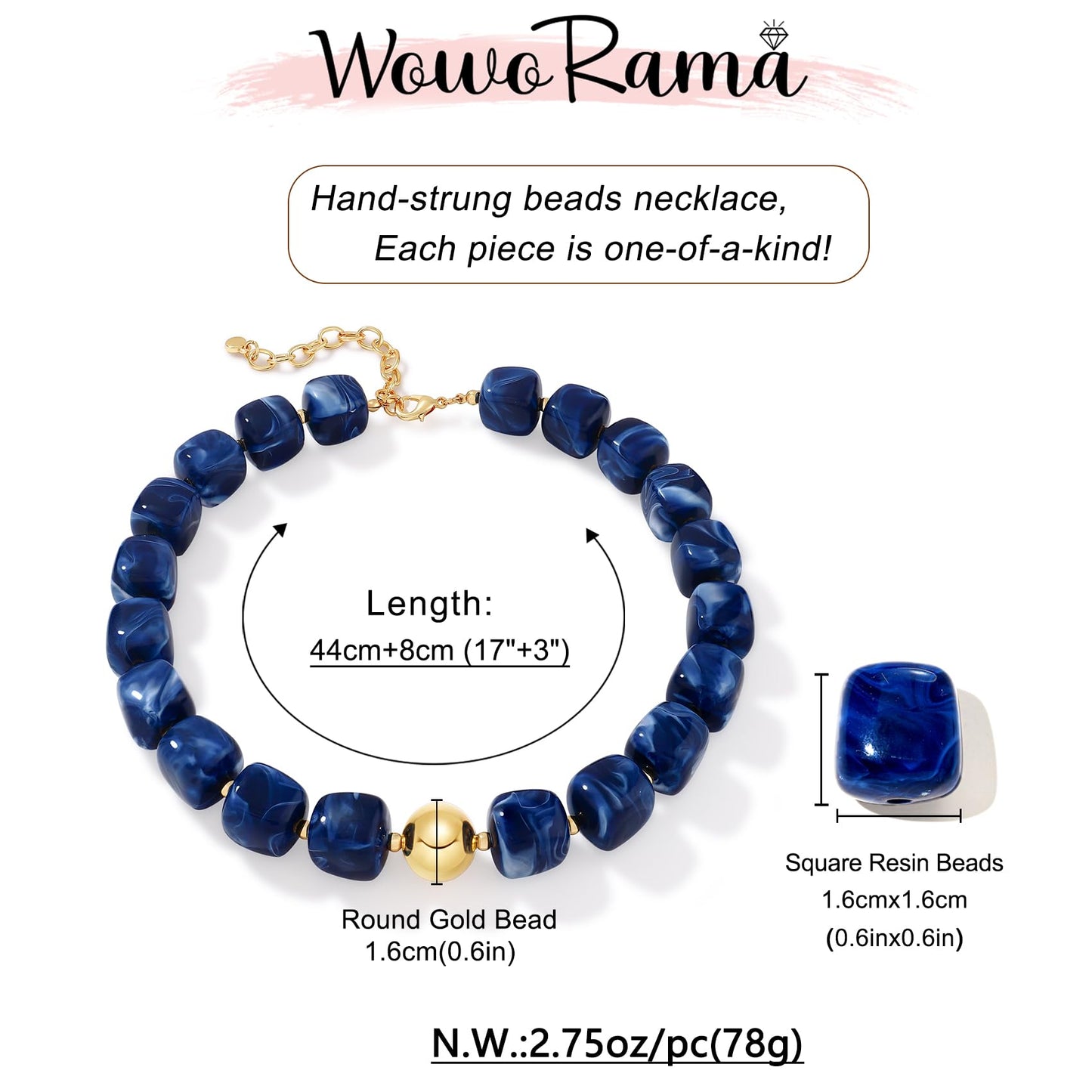 WOWORAMA Blue Chunky Beaded Necklace for Women Navy Blue Large Square Acrylic Beads Necklace Statement Chunky Choker Necklaces Summer Boho Jewelry