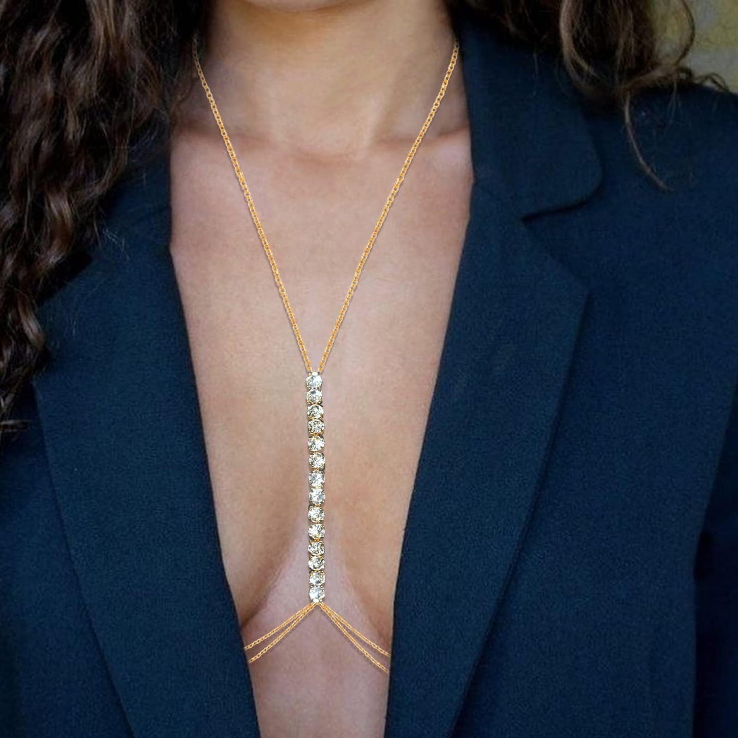 14K Gold Plated Body Chains for Women, Sexy Layered Belly Waist Chain Crossover Bikini Bra Chain, Summer Beach Rhinestone Body Jewelry(10 Imitation Diamonds)