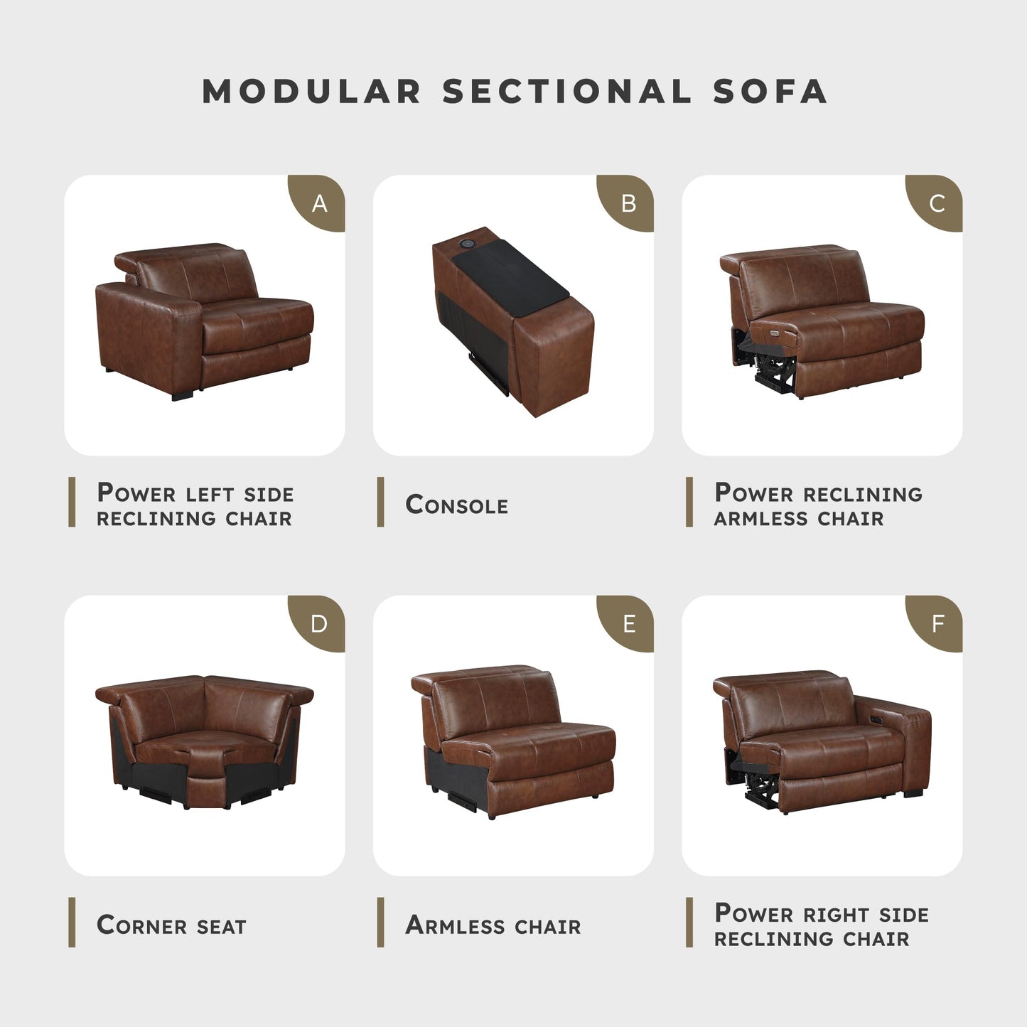 Lexicon Sectional Couches for Living Room-Modular Sectional Sofa, 5 Seater L Shaped Couch, Storage Console, Power Headrests, Charging Ports, 3 Wall Hugger Recliner Seats, Top Grain Leather Brown