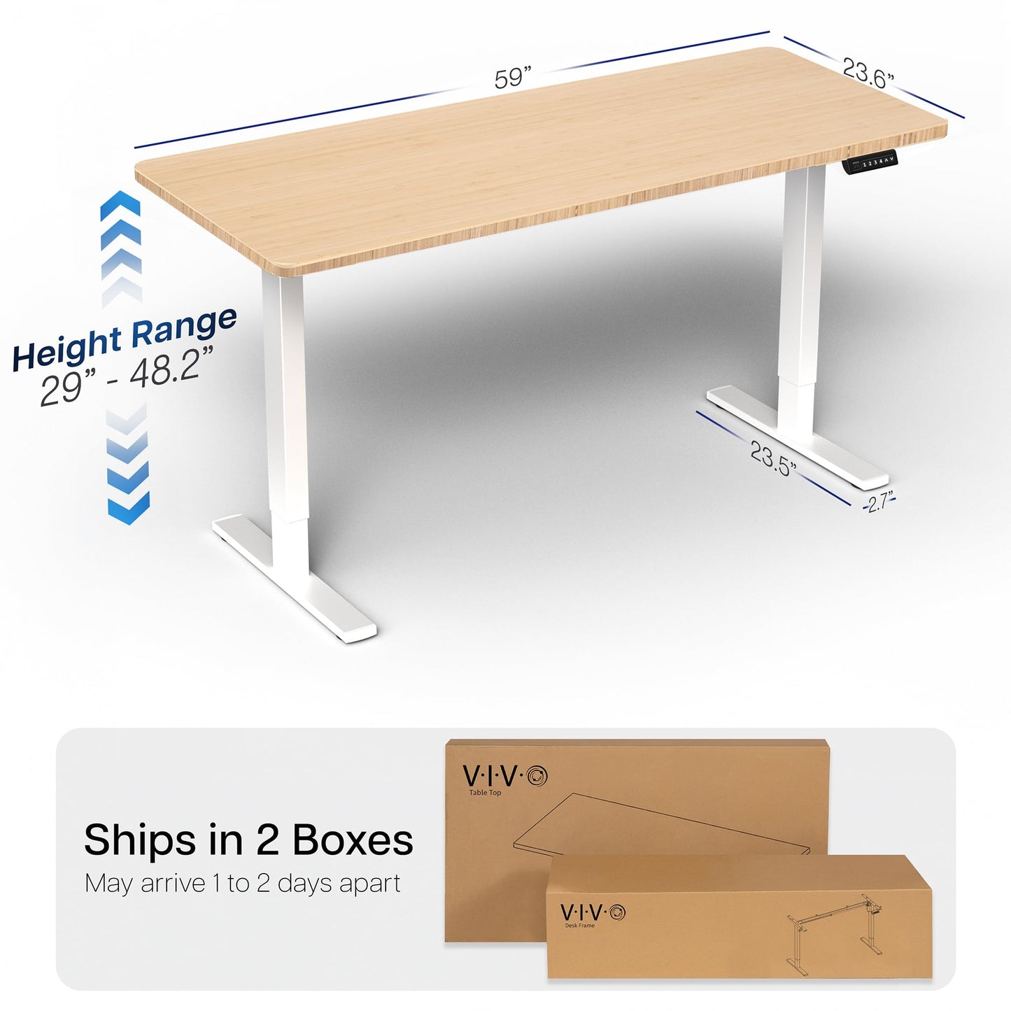 VIVO Electric 60 x 24 in Real Bamboo Standing Desk, Memory Height Adjustment, 1B Series, Holds 220 lbs, One-Piece Top, White Frame, DESK-KIT-1W6O