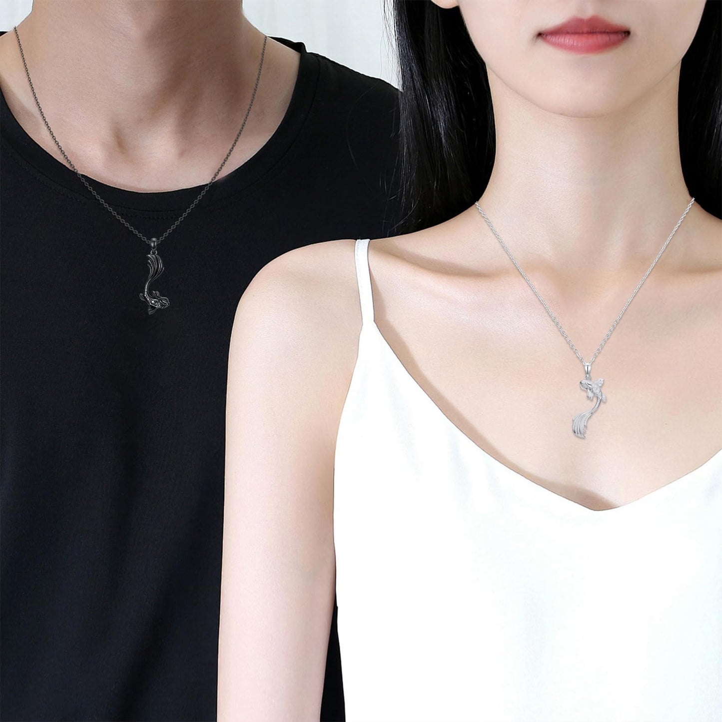 OHAYOO Koi Fish Necklace 925 Sterling Silver Couple Necklace with Koi Fish Pendant Koi Fish Jewelry for Couples Black and Silver