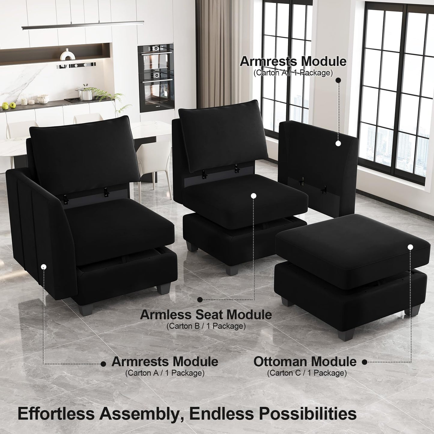 Belffin Oversized Modular Sectional Couch Sleeper Sofa with Storage Velvet Sectional Sofa Bed for Living Room, 12 Seats, Black