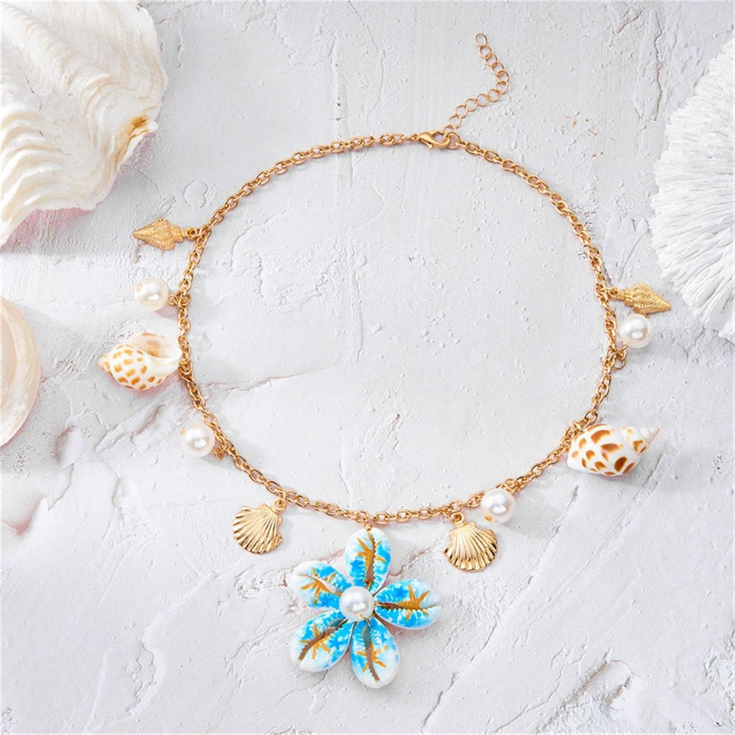 Seashell Flower Charm Necklace for Women Gold Plated Bohemian Starfish Sea Shell Cowrie Conch Floral White Pearl Ball Pendant Necklace for Ocean Summer Coastal Beach Holiday Outfits Trendy Jewelry (Blue)