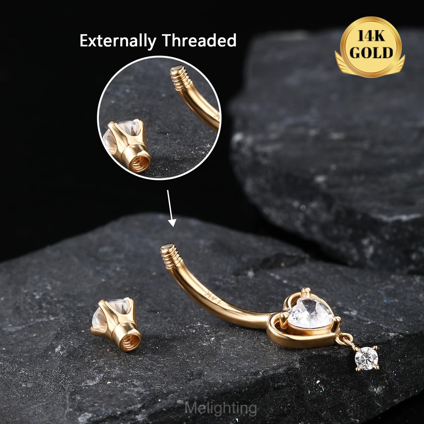 Melighting 14K Solid Gold Belly Button Ring Heart Belly Ring Gold Dangle Belly Piercing Jewelry 14G Navel Ring for Women