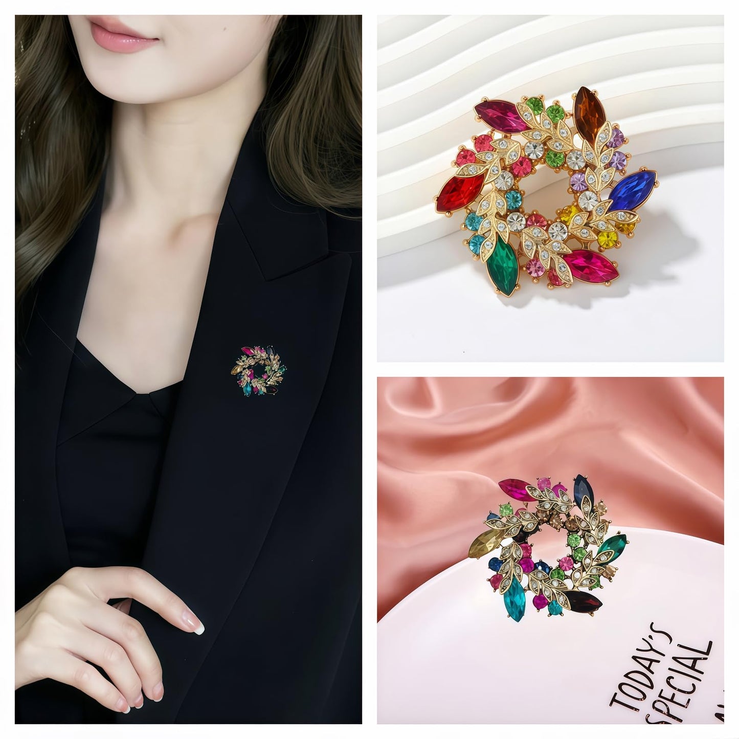 Yaximhozz 2pcs Rhinestone Brooch Pin for Women Dress Elegant Stylish Crystal Brooches Fashion Accessories Pins Lapel Boutonniere Ideas Wedding Christmas Birthday Jewelry Easter Gift (11 Red Colorful/Silver)