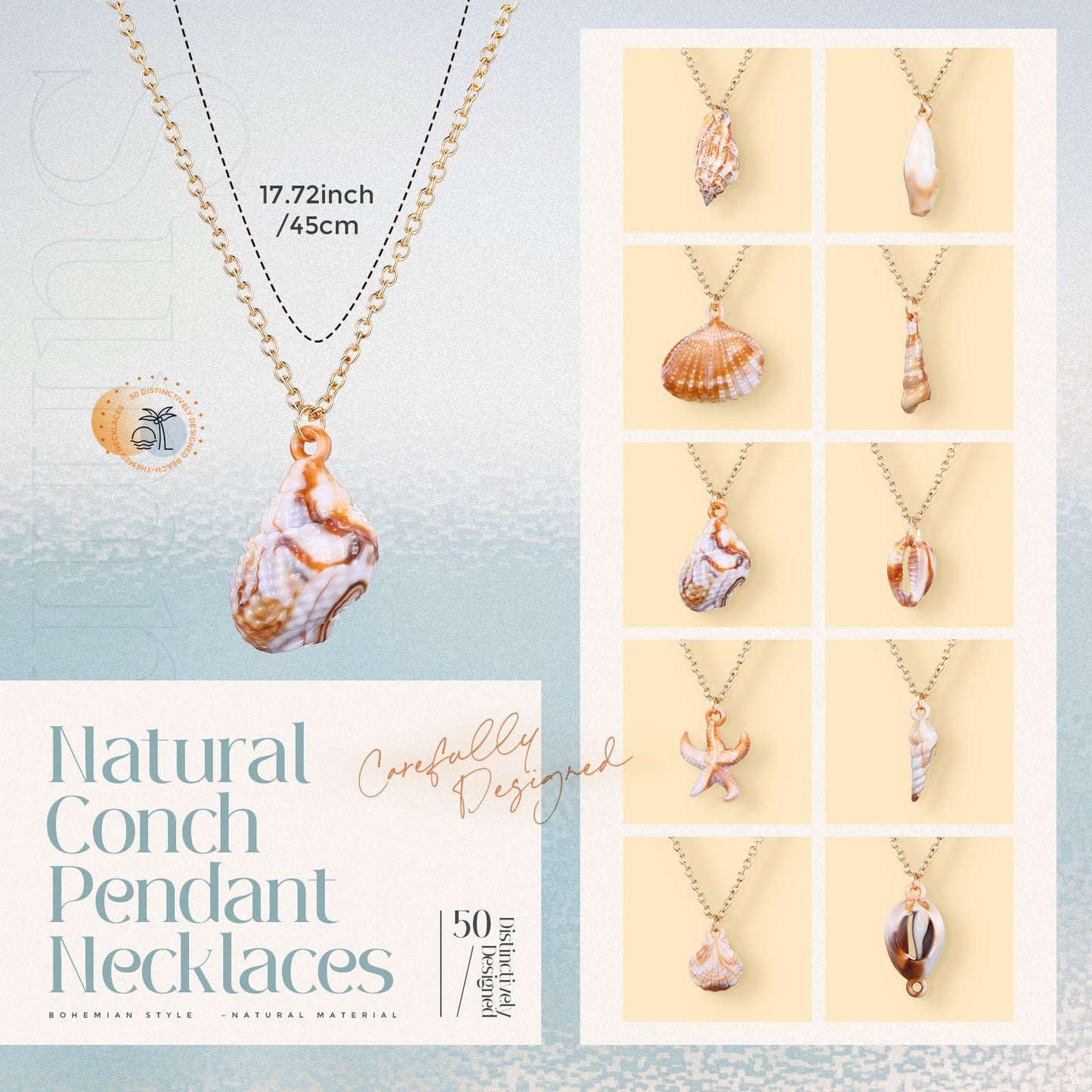 Tondiamo 50 Pack Seashell Necklace Bulk for Women Natural Ocean Themed Jewelry Adjustable Conch Scallop Pendant Necklace for Summer(10 styles)
