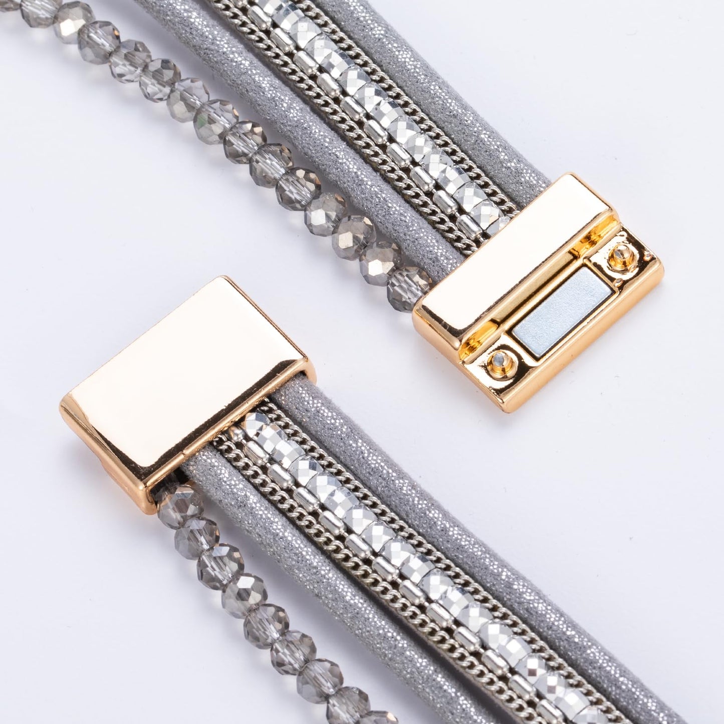 FANCY SHINY Leather Wrap Bracelets Crystal Beads Bracelet Boho Cuff Stone Charm Bracelets with Magnetic Clasp Costume Jewelry for Women(Metallic Gray)