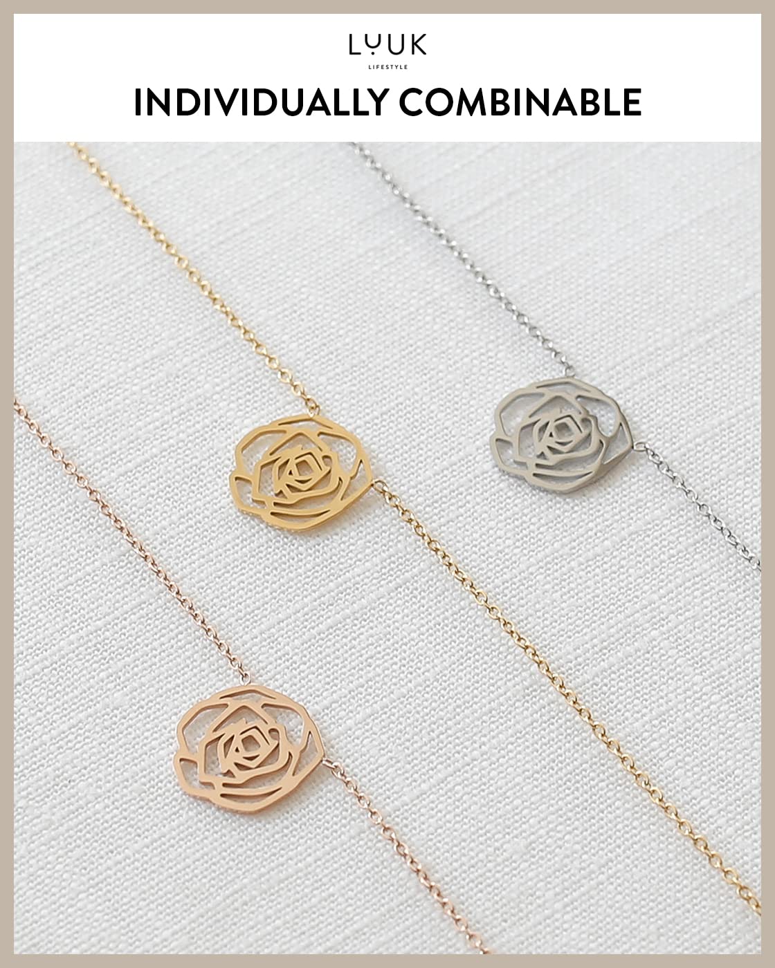 LUUK LIFESTYLE Feminine necklace in quality stainless steel with Rose flower pendant and HAPPINESS gift card, jewelry for women, floral motifs, waterproof and skin-friendly, fine design, silver
