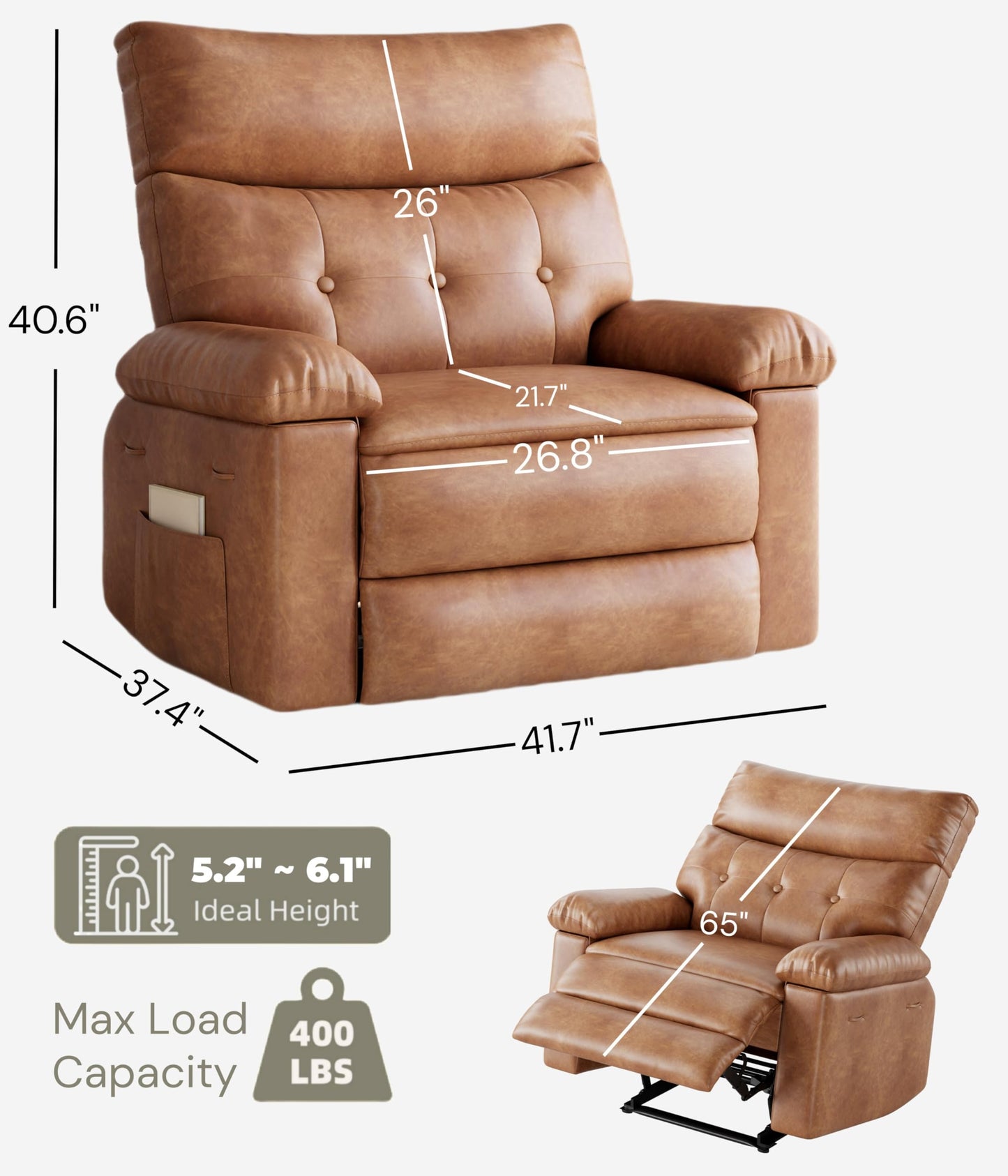 GarveeHome Oversized Recliner Chair, Extra Wide Manual Recliner with Heat and Massage, 400lbs Heavy Duty PU Leather Single Sofa, Large Lazy Chair for Big and Tall Adults, Living Room & Bedroom