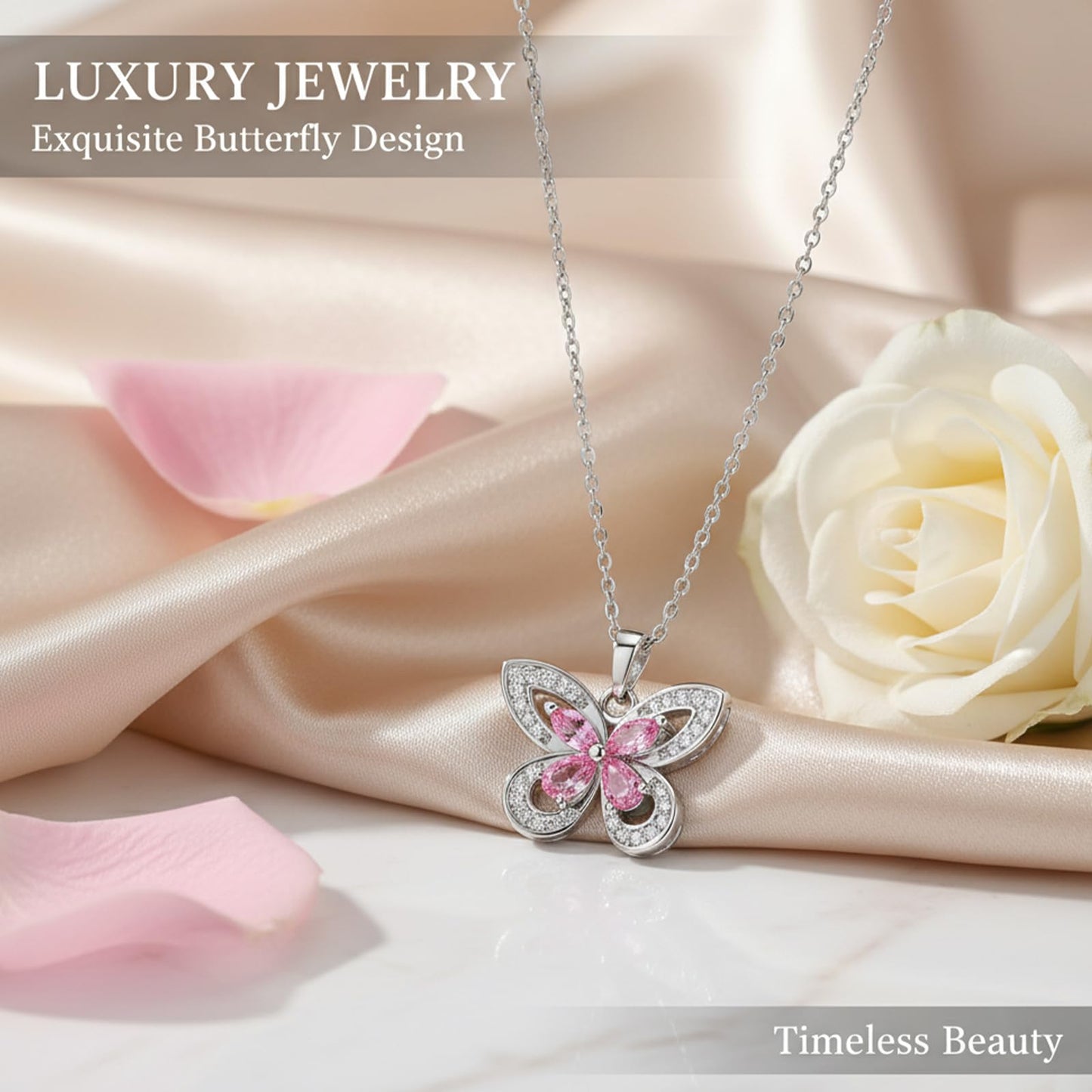 crataly Rose Quartz Butterfly Necklace For Women-Silver Plated October Birthstone Necklace For Valentine's Day Mother's Day Christams Birthday Gifts