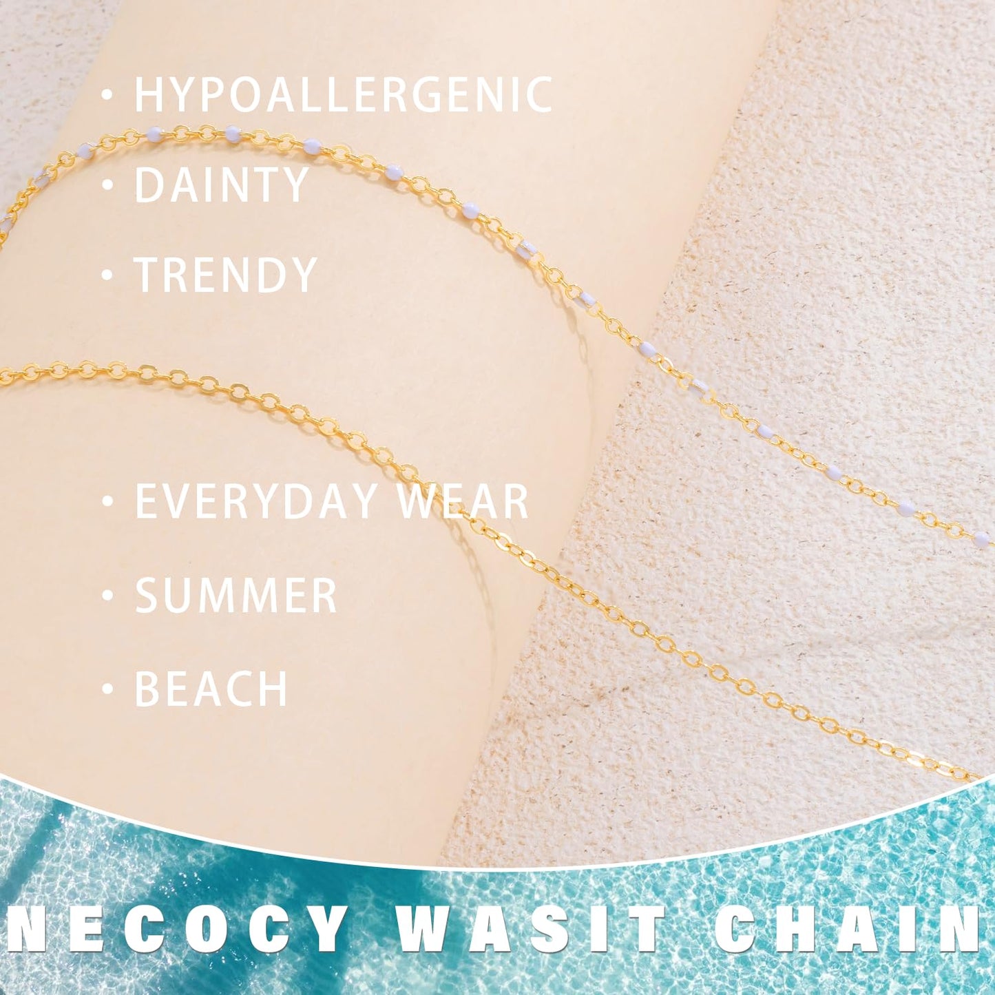 NECOCY Beaded Waist Chain for Women, Trendy 14K Gold Plated Belly Belt Beads Chain Adjustable Waterproof Sexy Layered Beach Snake Body Chain Summer Bikini Jewelry Accessories for Women