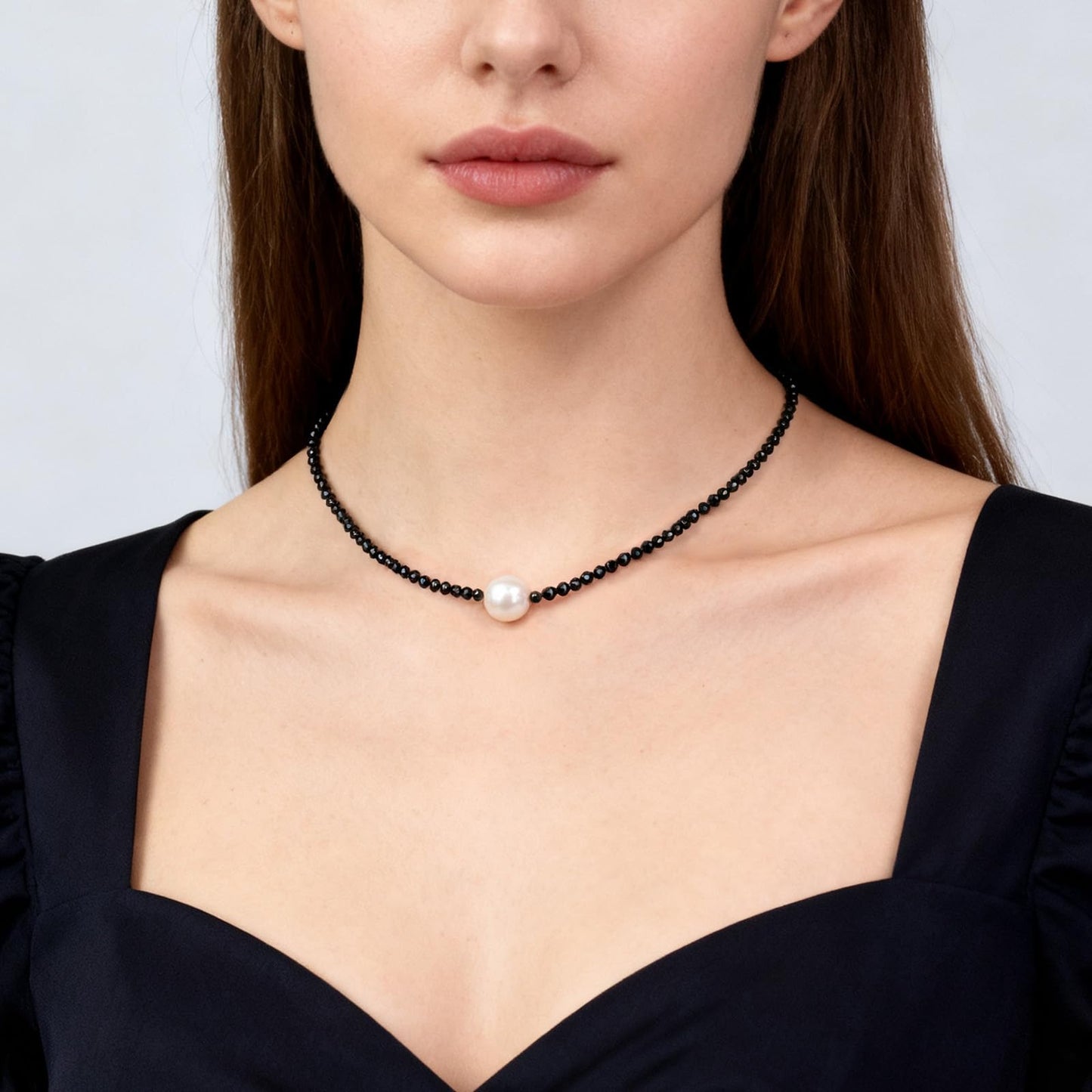GEMTAL Dainty Single Pearl Pendant Necklaces for Women Trendy, Womens Black Stone Beaded Choker Necklace, Delicate Round Freshwater Pearl Necklace Jewelry Gift for Women Girls(Black/White)