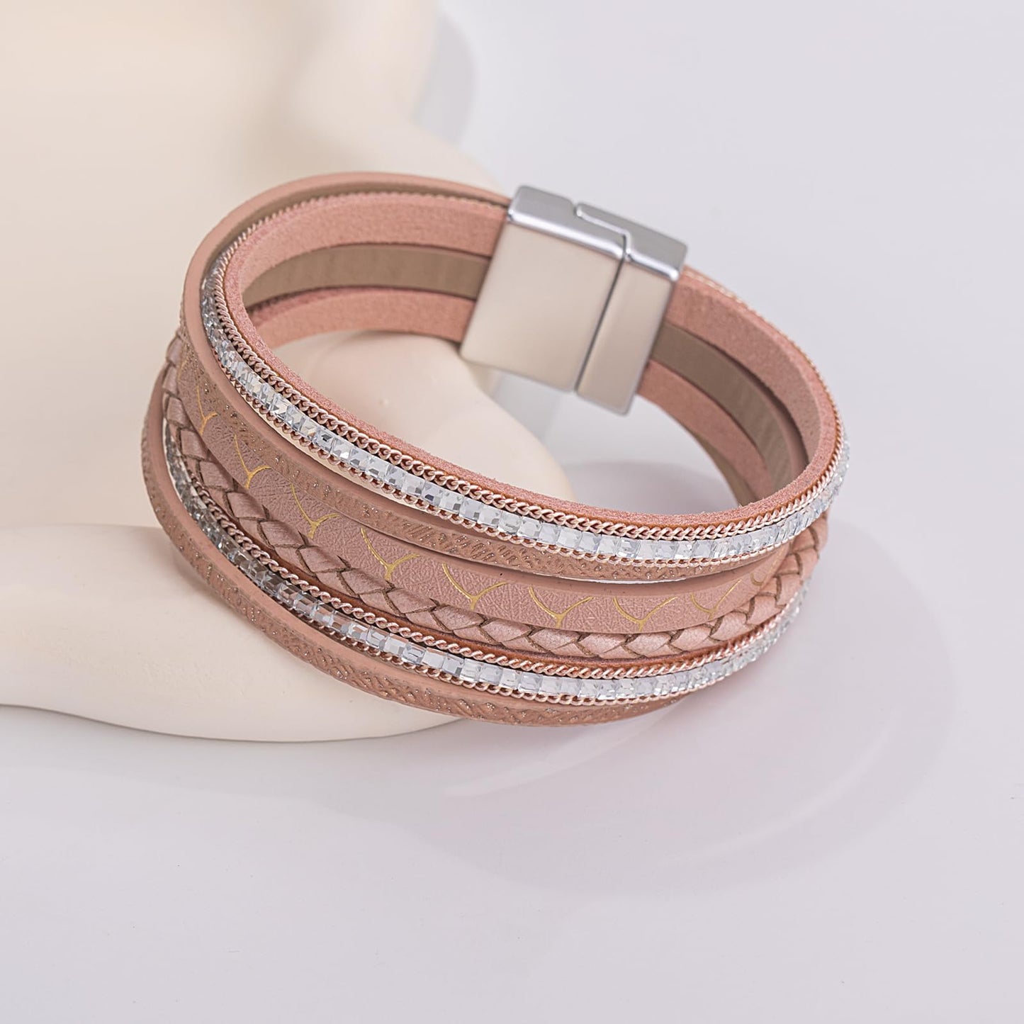 FANCY SHINY Boho Leather Wrap Bracelets Trendy Layered Bracelets with Magnetic Clasp Strackable Bohemian Cuff Jewelry Gifts for Women(Rosy Metallic)