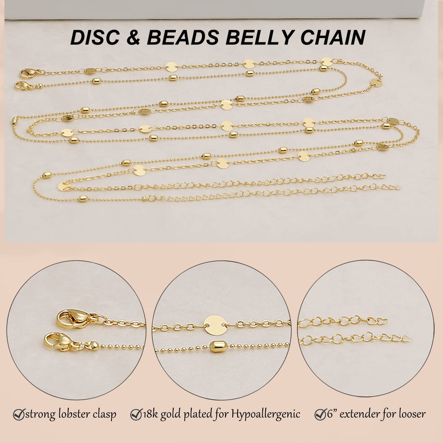 Honsny 2PCS 25-43Inch 18K Gold Plated Waist Chain Minimalist Pearl Belly Body Chain Gold Layered Sexy Bikini Body Chains Waist Jewelry for Women
