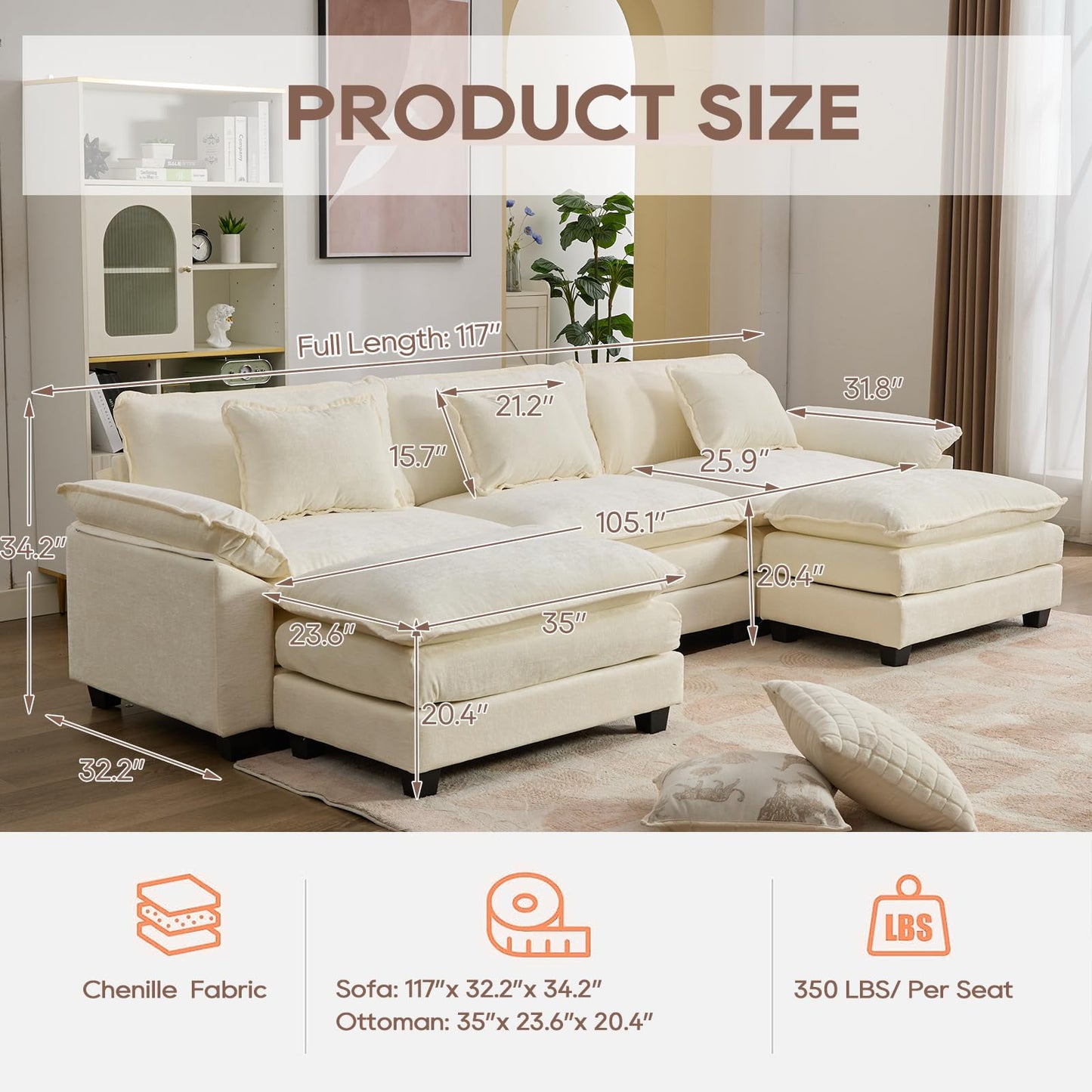 IPKIG 117" Sectional Sofa Cloud Couch, Modern Chenille U-Shaped Couch Comfy Upholstered 3-Seat Sofa with 2 Ottoman, 3 Lumbar Pillow, Deep Seat Modular Sofa for Living Room, Apartment, Studio