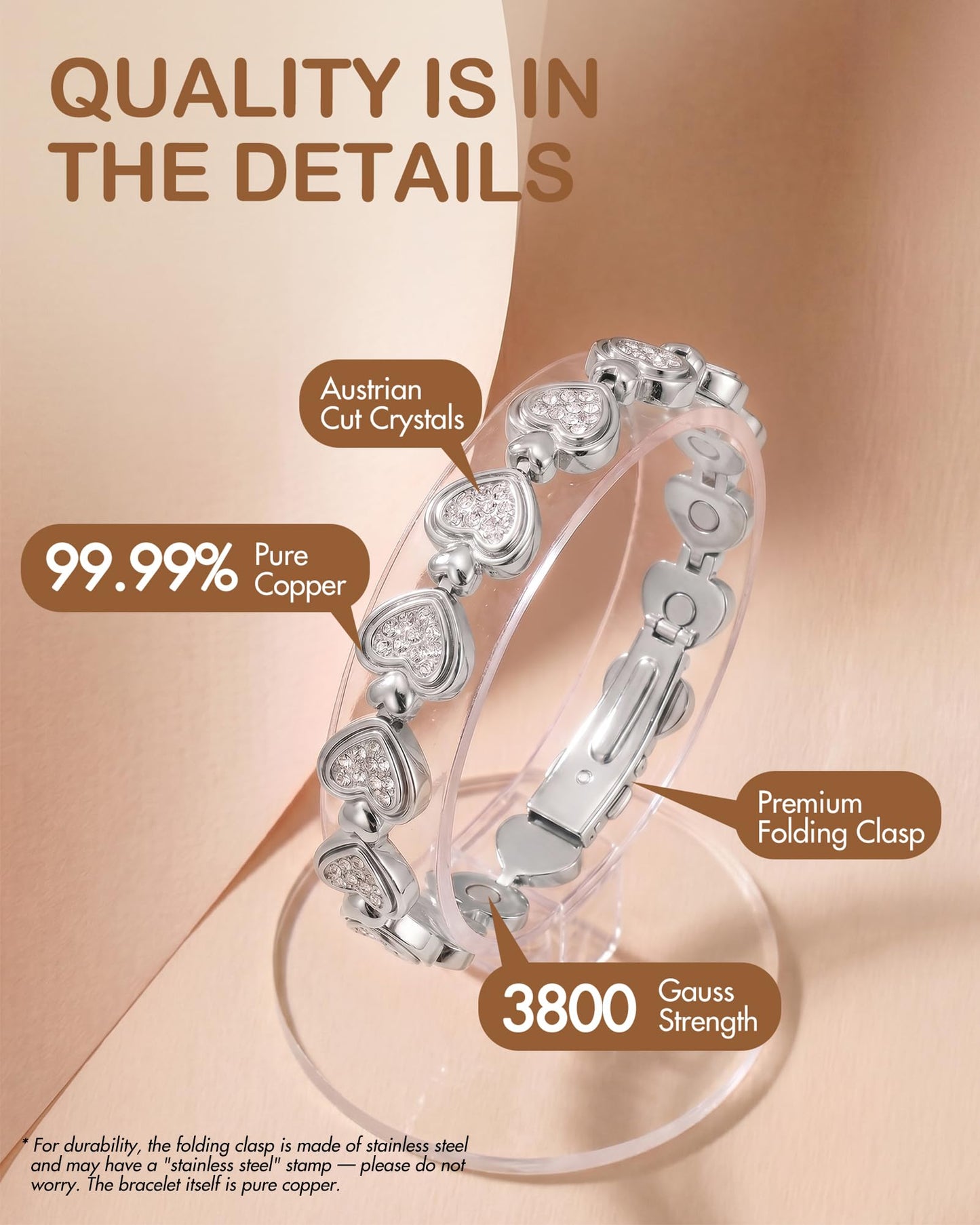 Feraco Pure Copper Bracelets for Women, Ultra Strength Magnetic Bracelet for Women with 3800 Gauss Magnet & Dazzling Austrian Crystals Stone, Heart-Shaped (Silver, 7.68 inches (19.5cm))