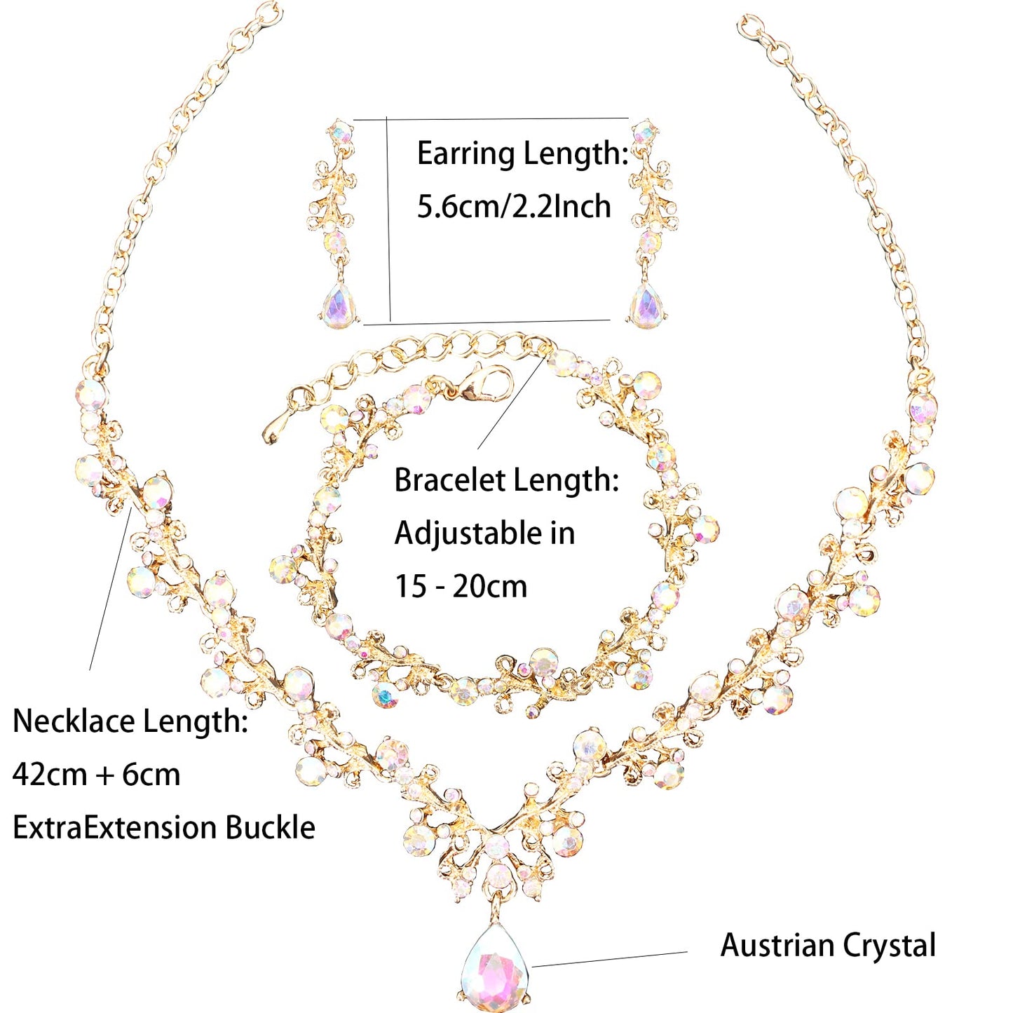 3Pcs Austrian Crystal Jewelry Set for Women, Necklace Dangle Earrings Link Bracelet Jewelry Set with Gold/Platinum/Gun Plated, Wedding Party Jewelry for Bridal Bridesmaid (Pink-Gold Plated)