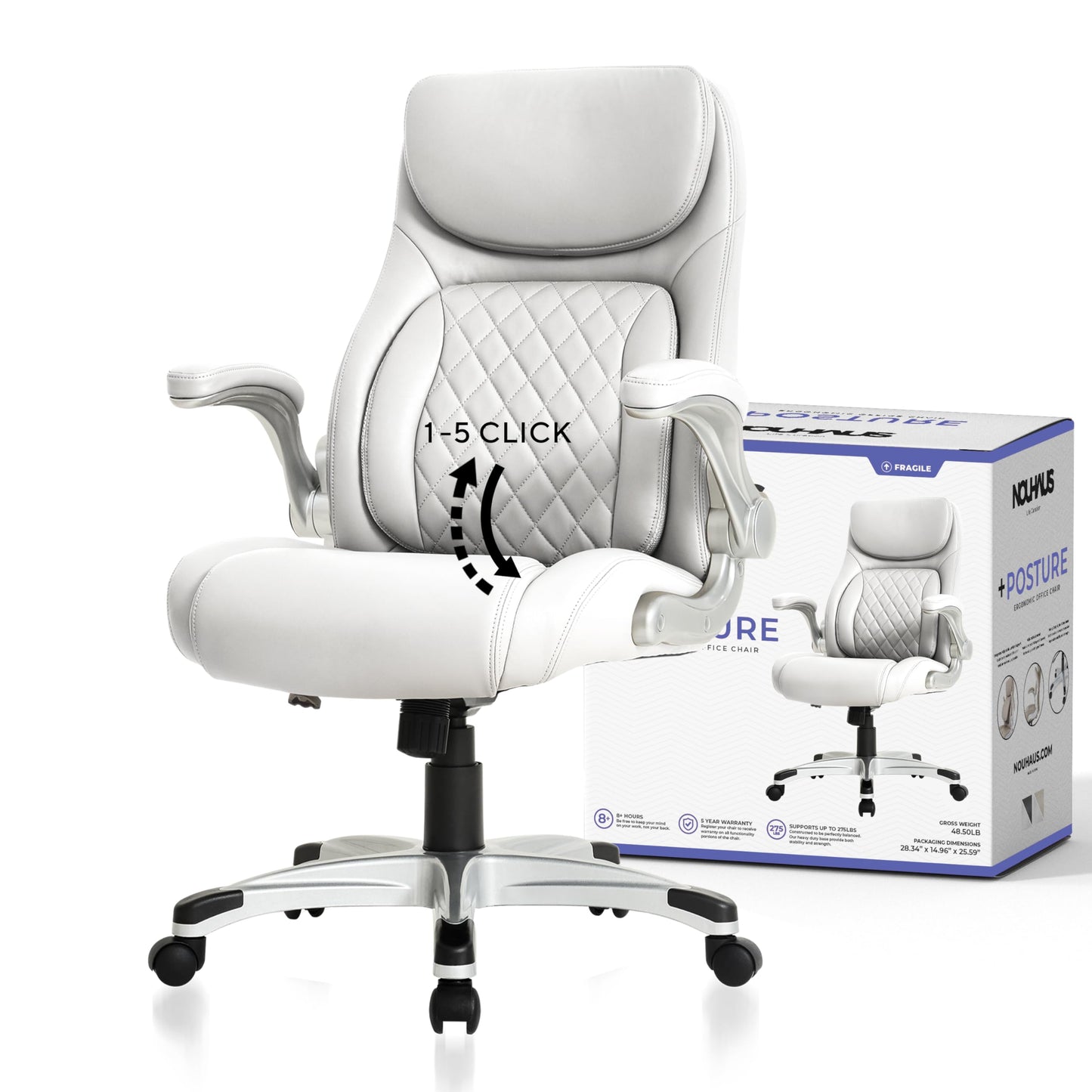 Nouhaus +Posture Ergonomic PU Leather Office Chair. Click5 Lumbar Support with FlipAdjust Armrests. Modern Executive Chair and Computer Desk Chair (White)