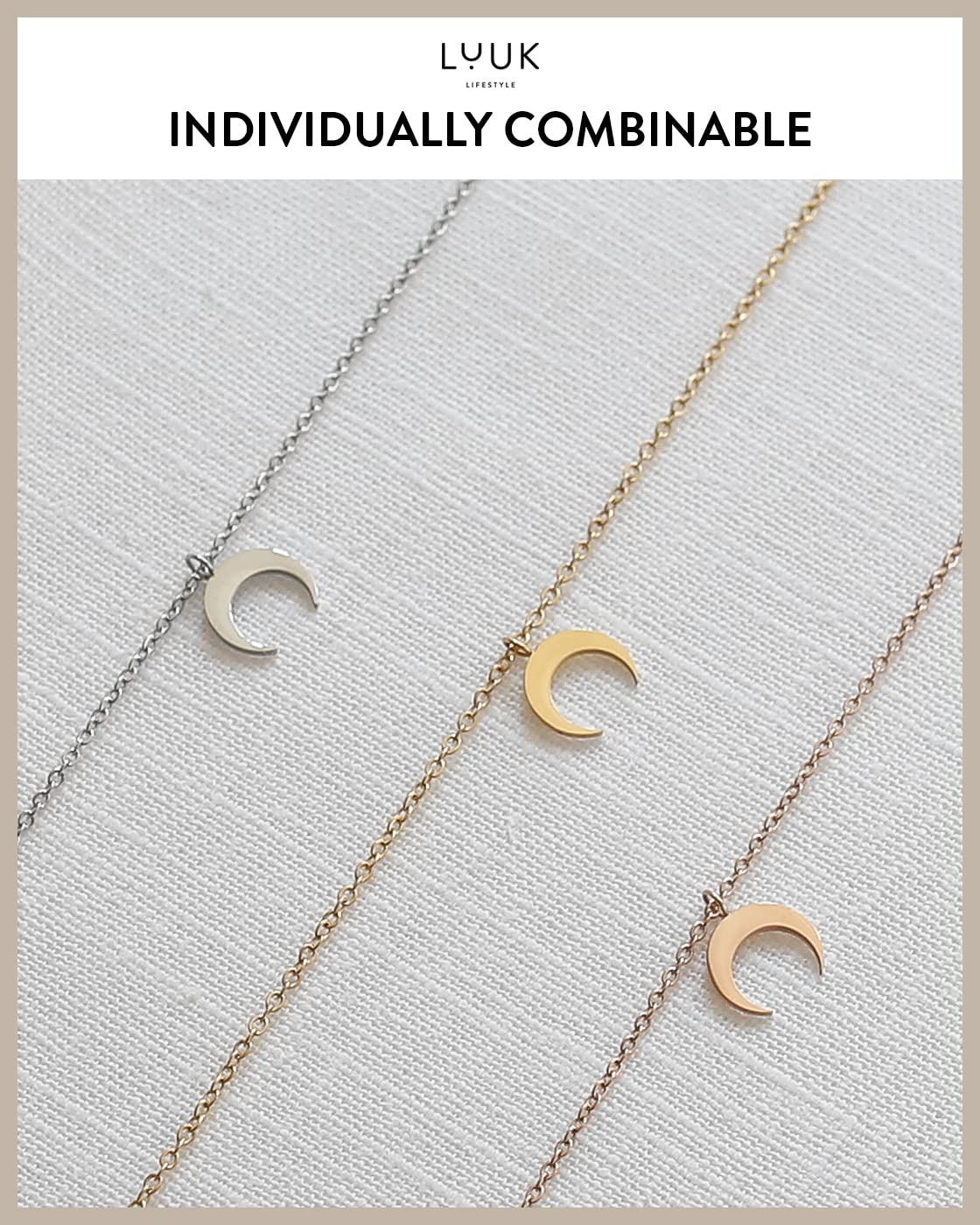 LUUK LIFESTYLE Necklace for women with crescent moon pendant, HAPPINESS gift card, modern and minimalist fashion accessory, 19” length, jewelry for everyday wear, layer look, good luck charm, gold