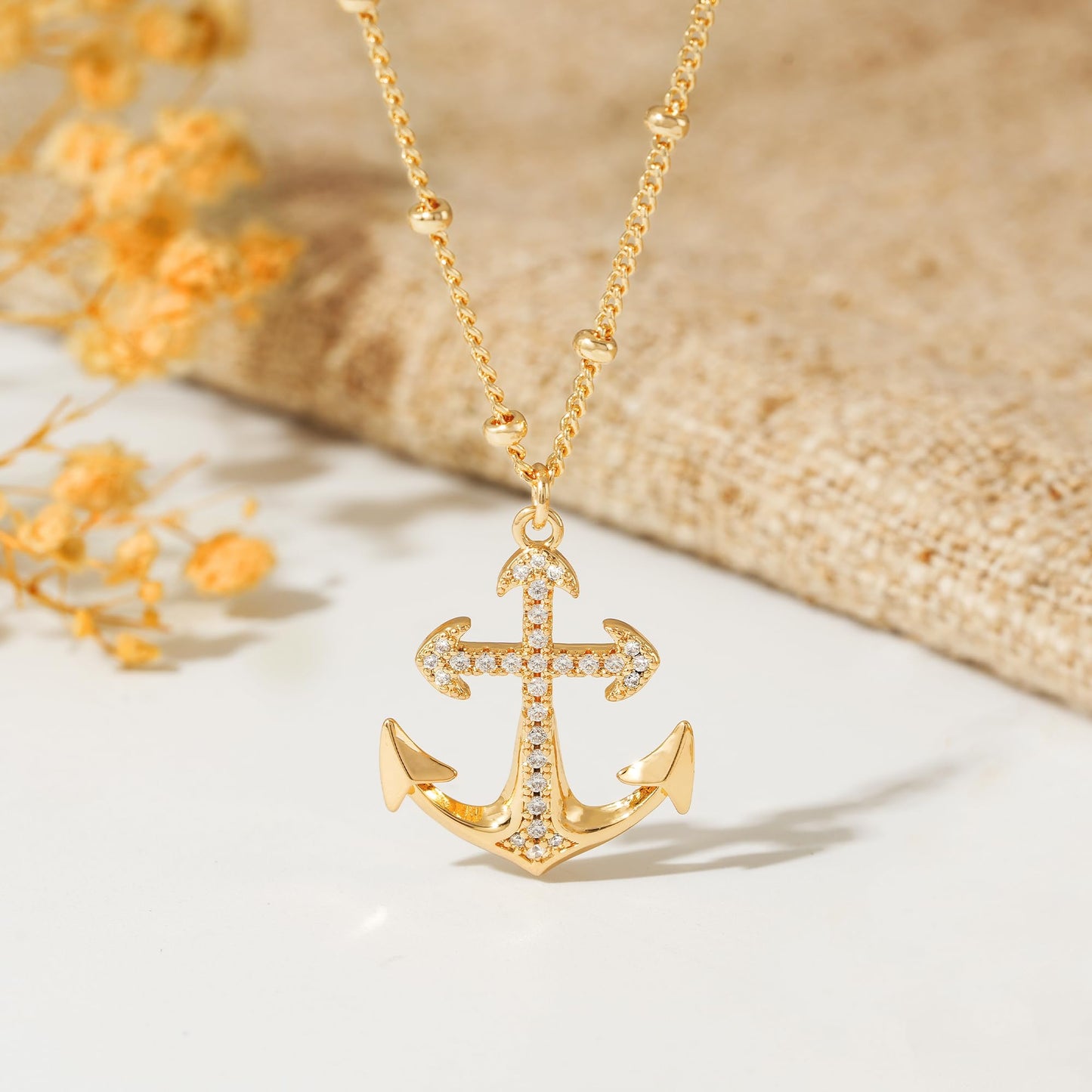 MTMY Gold Starfish Necklace 14K Gold Plated Shell Conch Ocean Pendant Necklace for Women Beach Summer Jewelry(CZ Anchor)
