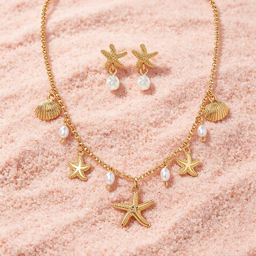 Quivox Gold Seashell Starfish Jewelry Set for Women Beach Necklace Earrings Sets Charm Pearl Choker Necklace Starfish Dangle Earrings Trendy Holiday Accessories (Gold2)