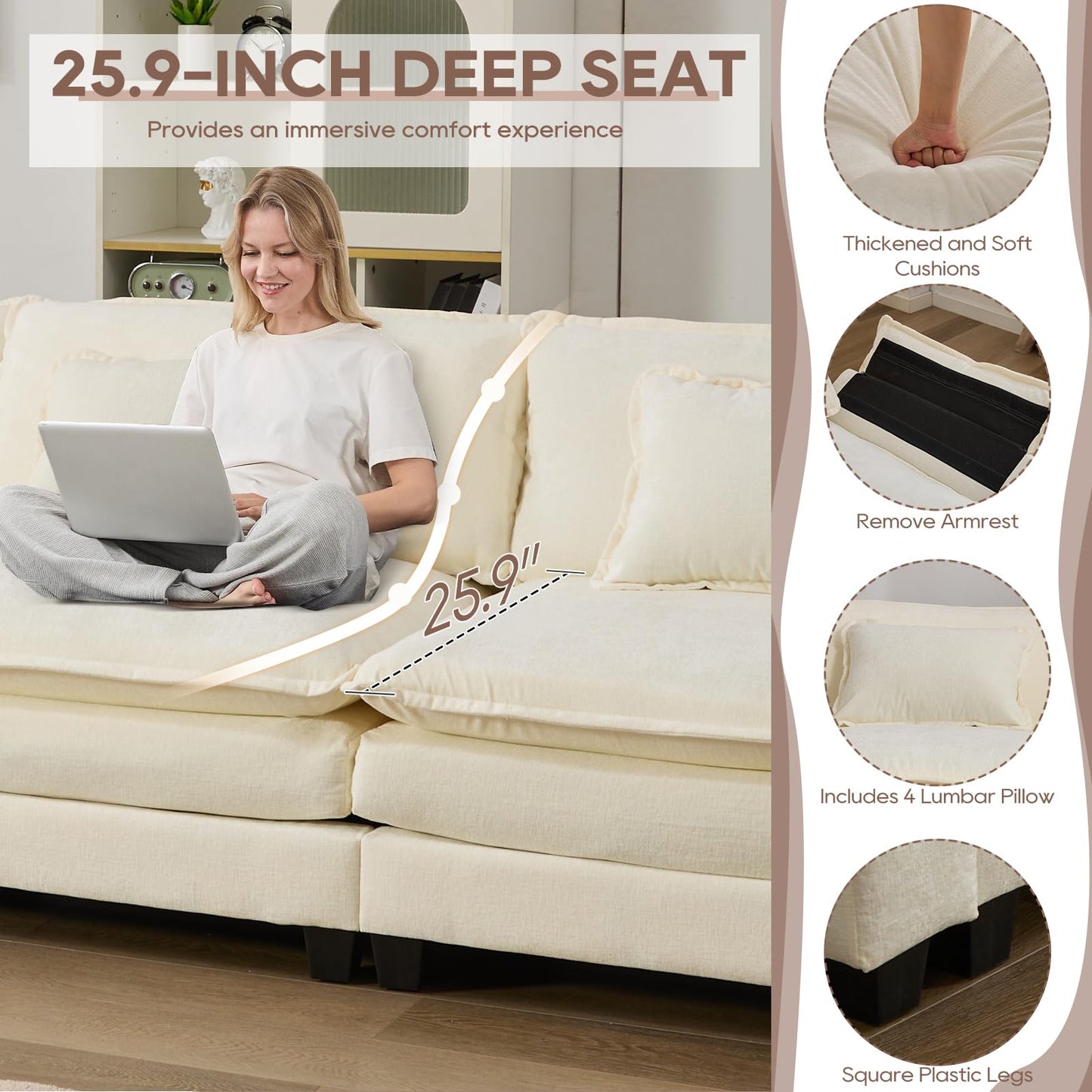 IPKIG 117" Sectional Sofa Cloud Couch, Modern Chenille U-Shaped Couch Comfy Upholstered 3-Seat Sofa with 2 Ottoman, 3 Lumbar Pillow, Deep Seat Modular Sofa for Living Room, Apartment, Studio