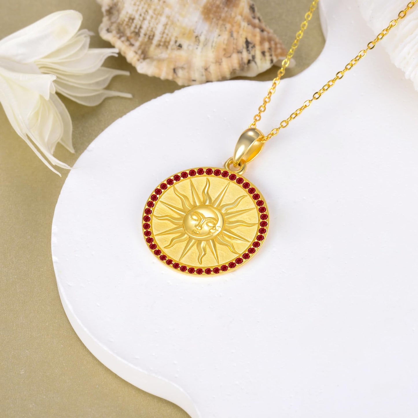 KQF Sun Coin Necklace for Women 925 Sterling Silver 18K Gold Plated Birthstone Sun Coin Pendant January Jewelry Gift for Women
