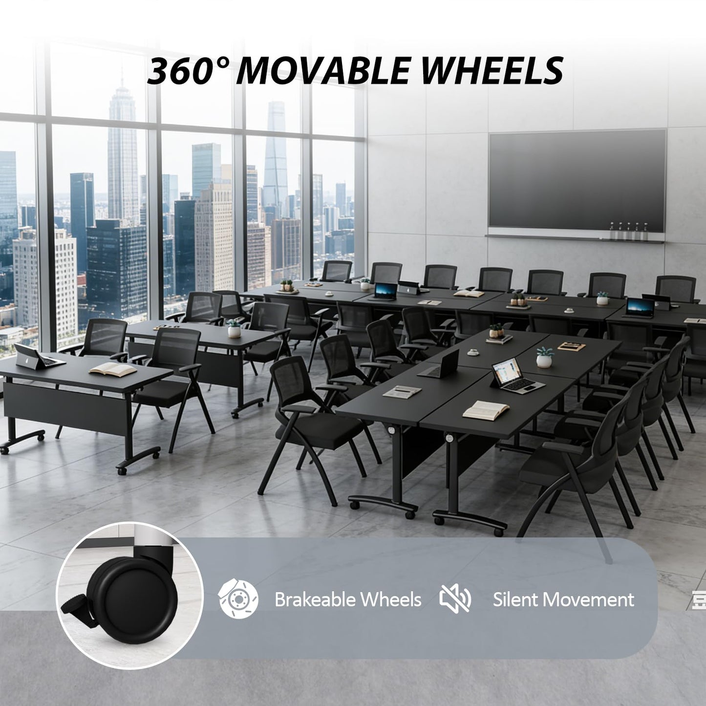 Conference Room Table with Wheels 6ft Folding Modular Large Black Conference Table Foldable Modern Rectangle Training Meeting Tables for Classroom Office(8, Black, D 55")