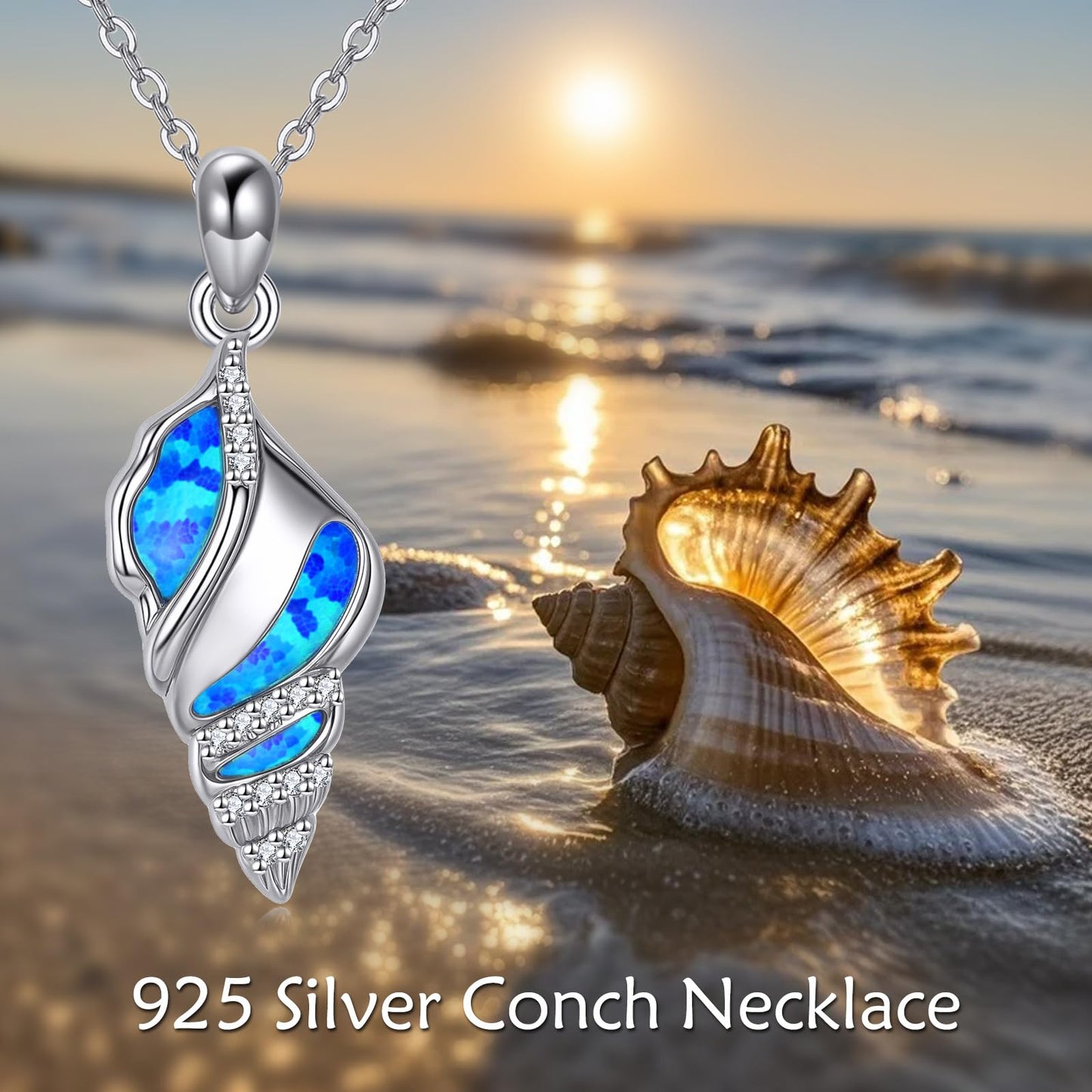 POPLYKE Conch Shell Necklace for Women 925 Sterling Silver Blue Opal Seashell Pendant Ocean Beach Jewelry Gift