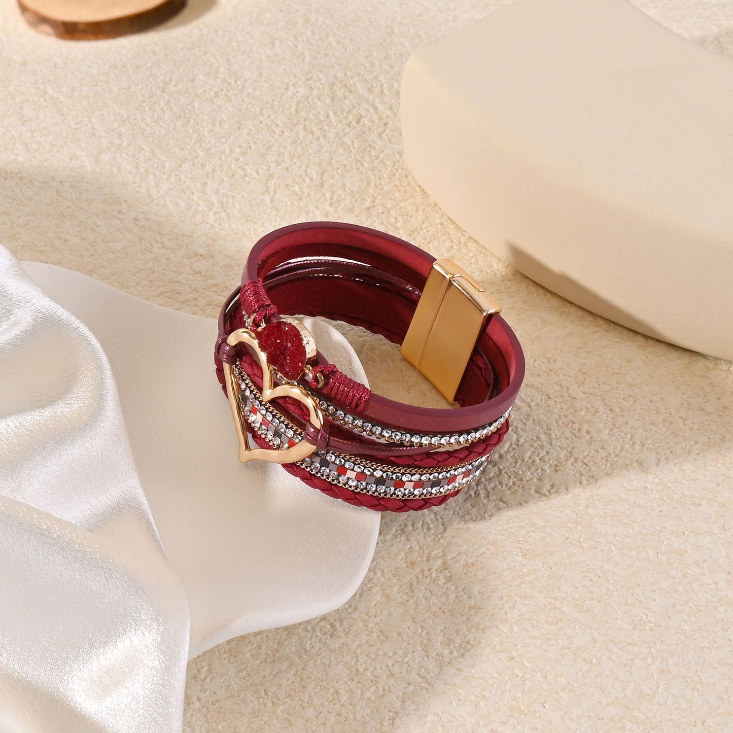 VIBILIA Boho Leather Wrap Bracelets for Women Heart Multi-Layer Bracelets with Strong Clasp Jewelry for Women - Dark Red