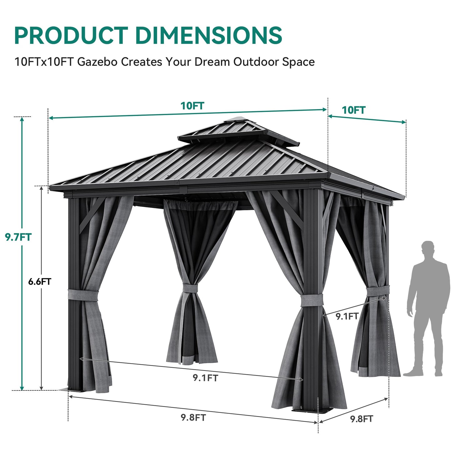 YITAHOME 10x10ft Hardtop Gazebo with Nettings and Curtains, Heavy Duty Double Roof Galvanized Steel Outdoor Combined of Vertical Stripes Roof for Patio, Backyard, Deck, Lawns, Gray