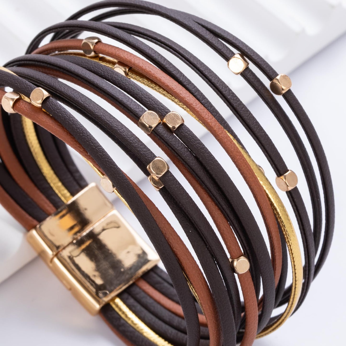 FANCY SHINY Beaded Leather Wrap Bracelets Cute Boho Stackable Bangle Cuff with Magnetic Clasp Layered Trendy Jewelry for Women(Brown)