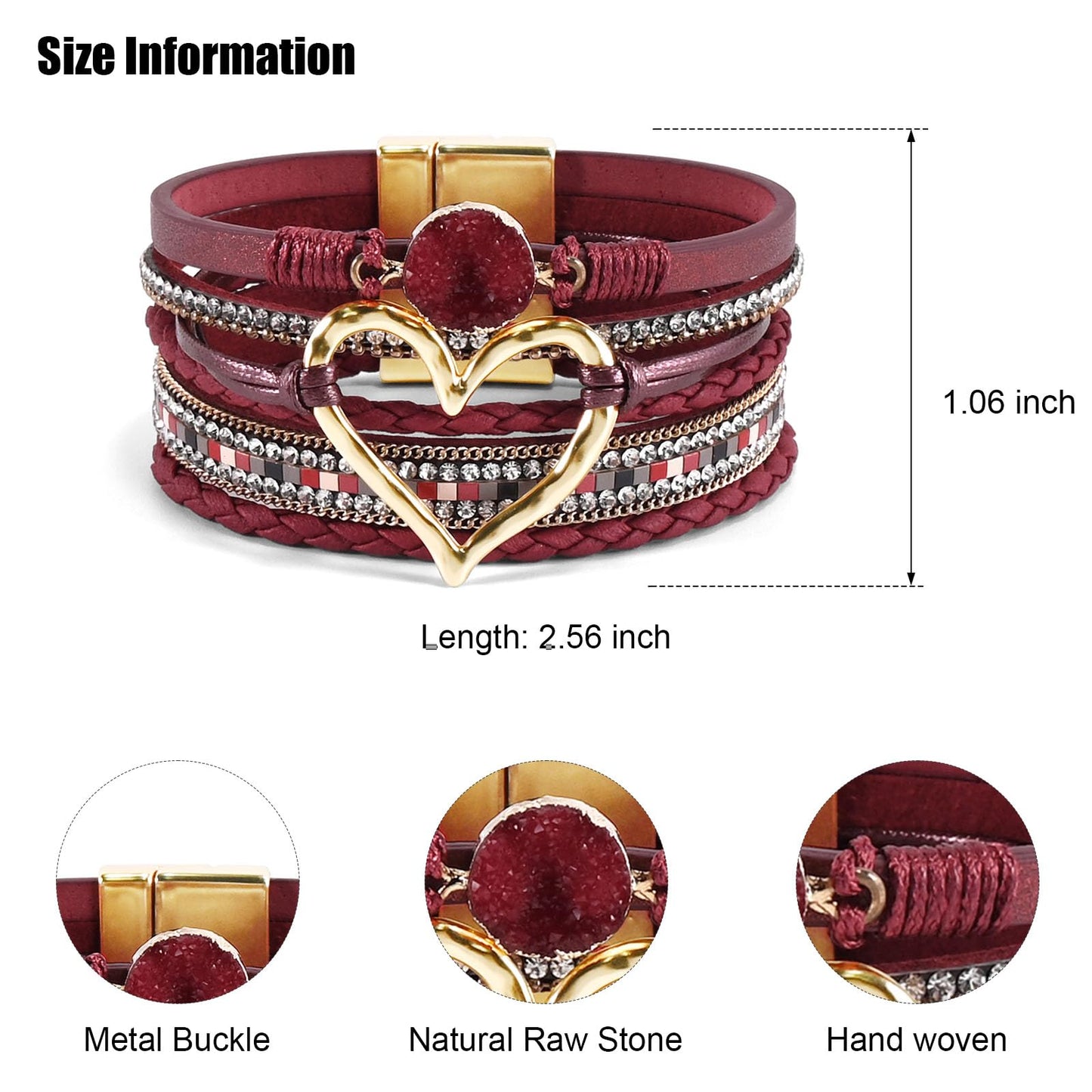 VIBILIA Boho Leather Wrap Bracelets for Women Heart Multi-Layer Bracelets with Strong Clasp Jewelry for Women - Dark Red