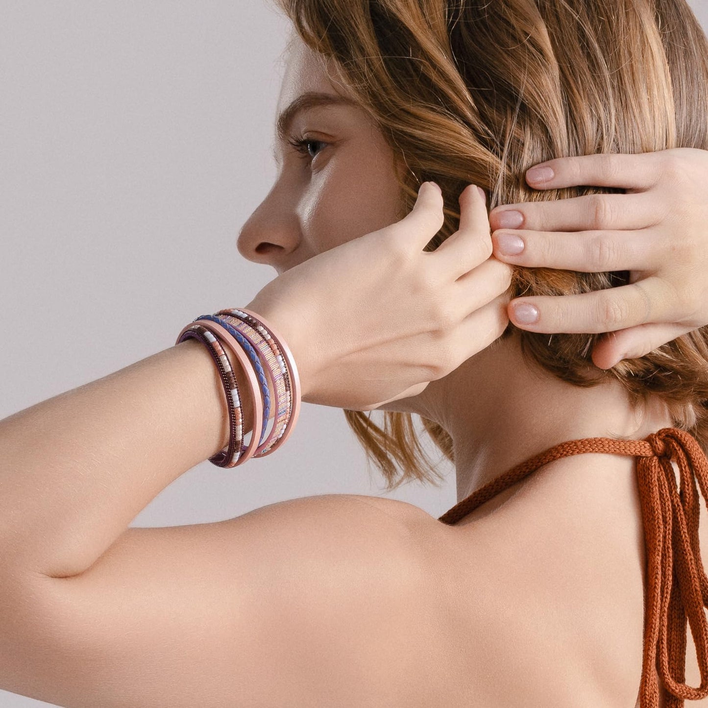 FANCY SHINY Boho Leather Wrap Bracelets Trendy Layered Bracelets with Magnetic Clasp Strackable Bohemian Cuff Jewelry Gifts for Women(Pink)