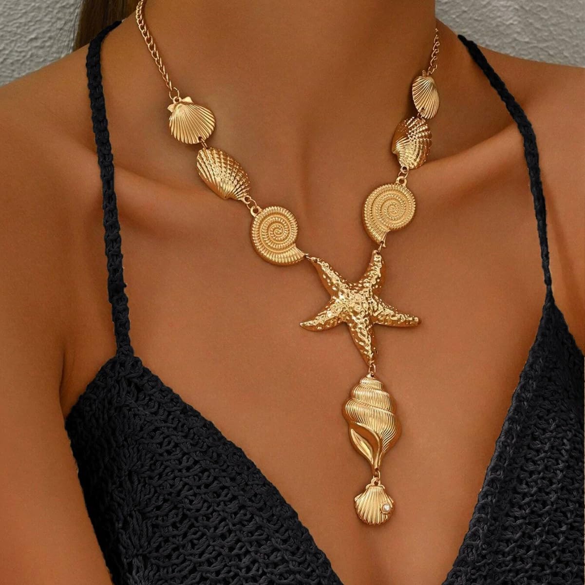Ocean Necklace For Women, Big Seashell Beach Conch Y-Shaped Pendant Boho Summer Statement Beach Collar Holiday Jewelry Gift (Ocean Gold)