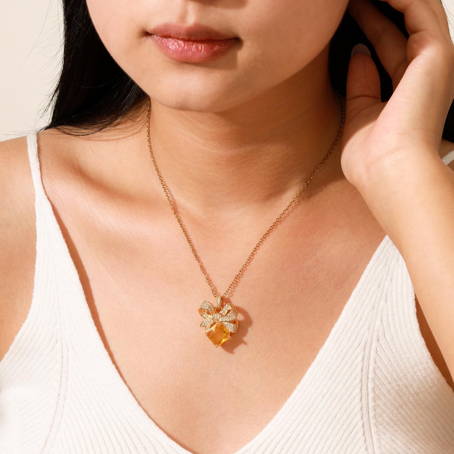 Yellow Square Citrine Bow Necklace for Women-Gold Plated November Birthstone Healing Crystal Vintage Necklace For Valentines Day Mother's Day Christmas Birthday Gifts