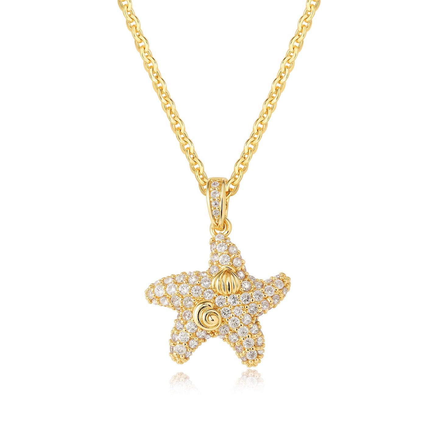 MTMY Gold Starfish Necklace 14K Gold Plated Shell Conch Ocean Pendant Necklace for Women Beach Summer Jewelry (cz wave starfish)