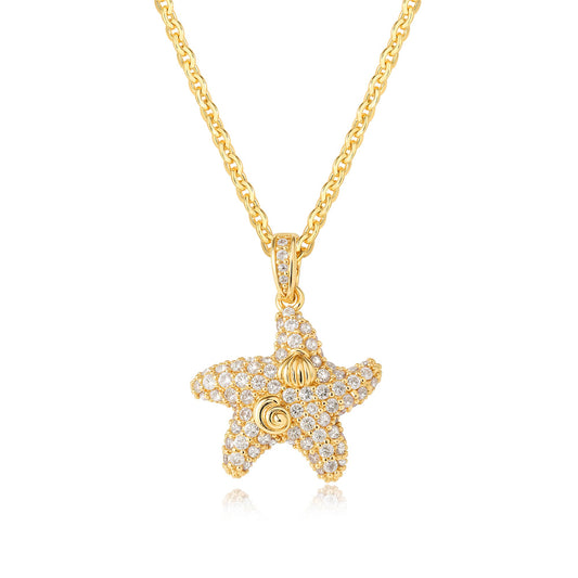 MTMY Gold Starfish Necklace 14K Gold Plated Shell Conch Ocean Pendant Necklace for Women Beach Summer Jewelry (cz wave starfish)